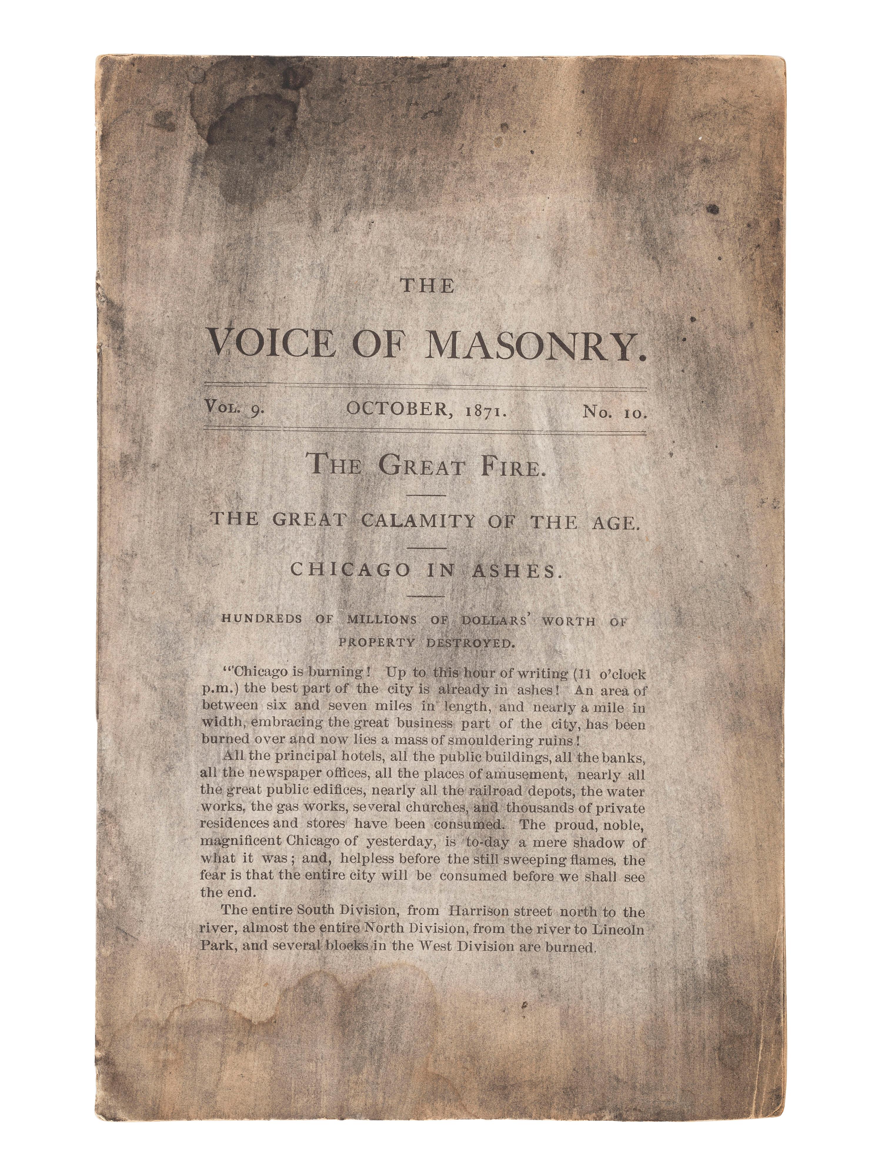 [CHICAGO FIRE]. BAILEY, John C.W. The Voice of Masonry. Vol. 9, No. 10. [Chicago]: [John C.W. Bailey], October 1871.
