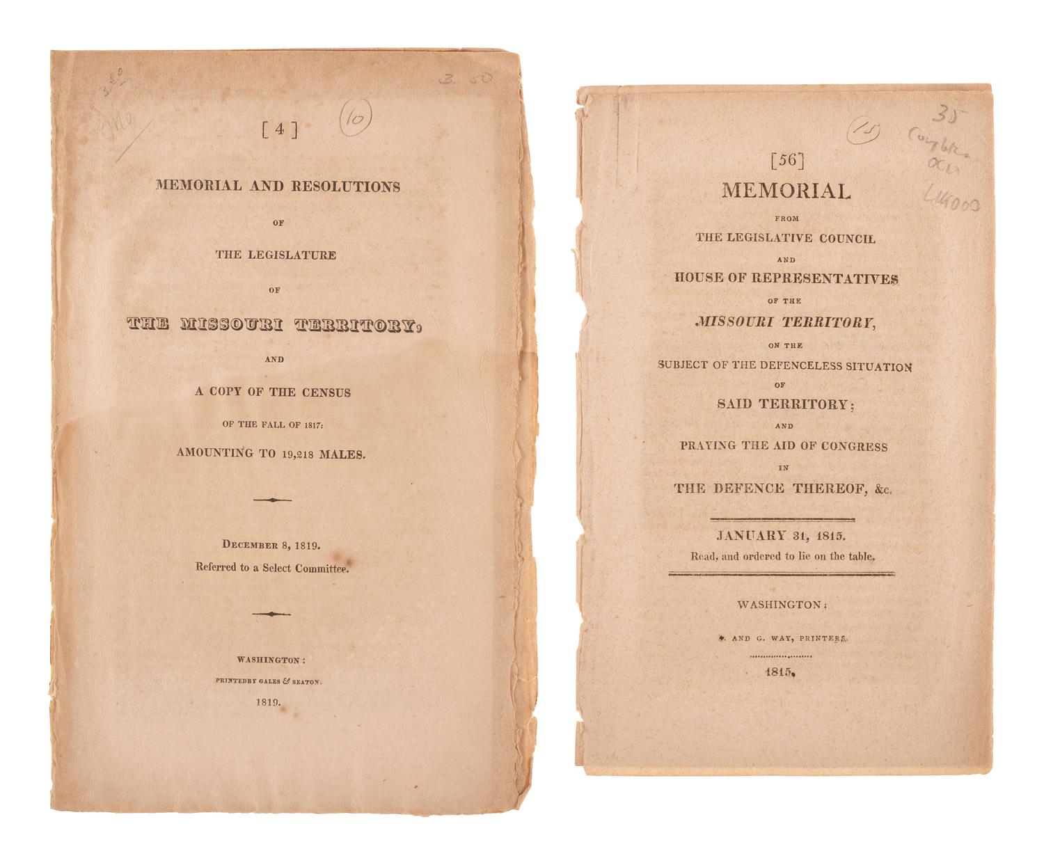 [MISSOURI] -- [MISSOURI TERRITORY]. Ephemera related to early Missouri settlement and history, including a grand jury indictment for cheating with a "gambling device" adapted for playing cards.
