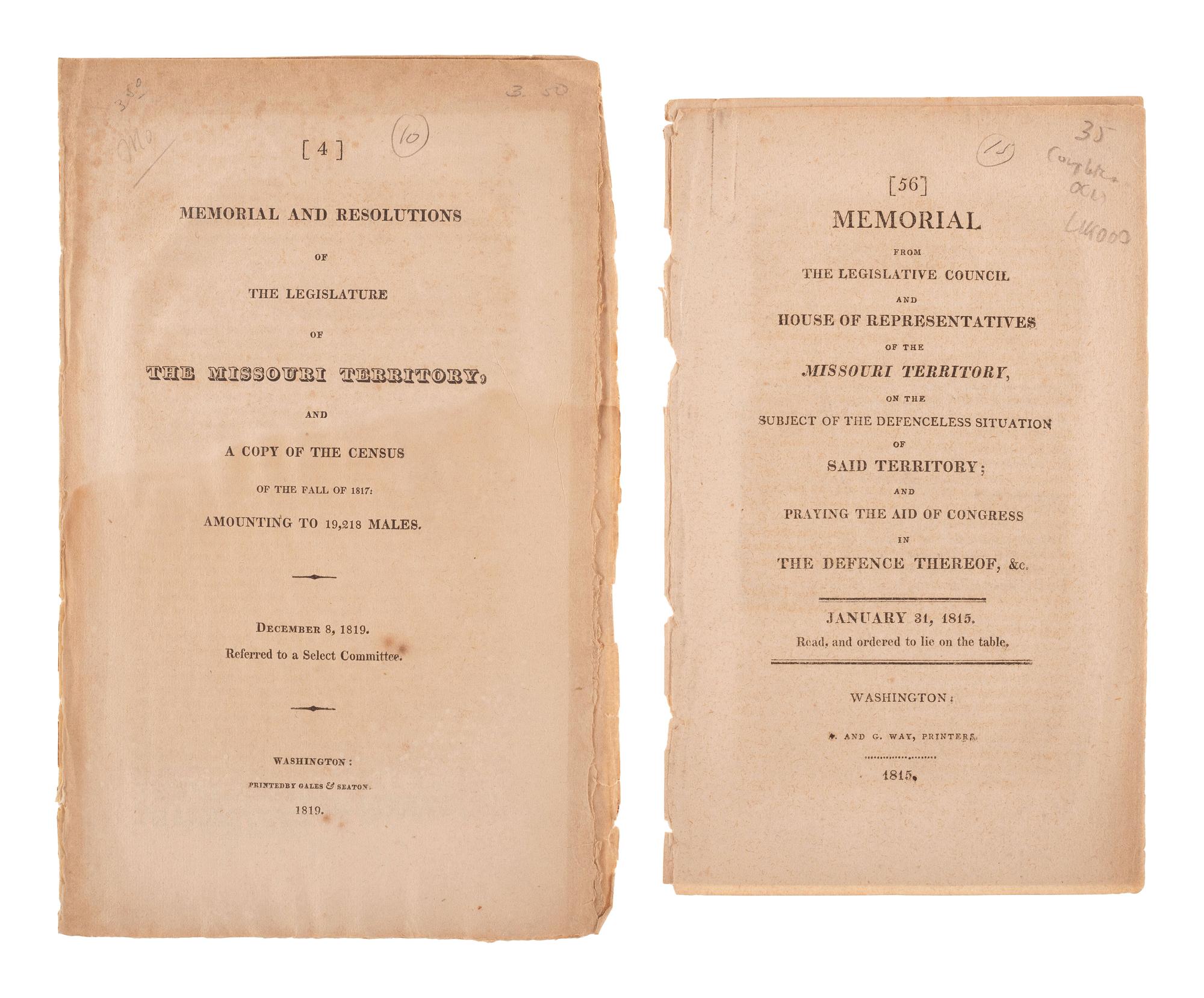 [MISSOURI] -- [MISSOURI TERRITORY]. Ephemera related to early Missouri settlement and history, including a grand jury indictment for cheating with a "gambling device" adapted for playing cards.