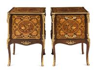 A Pair of Louis XV Style Gilt Bronze Mounted Marquetry Side Cabinets