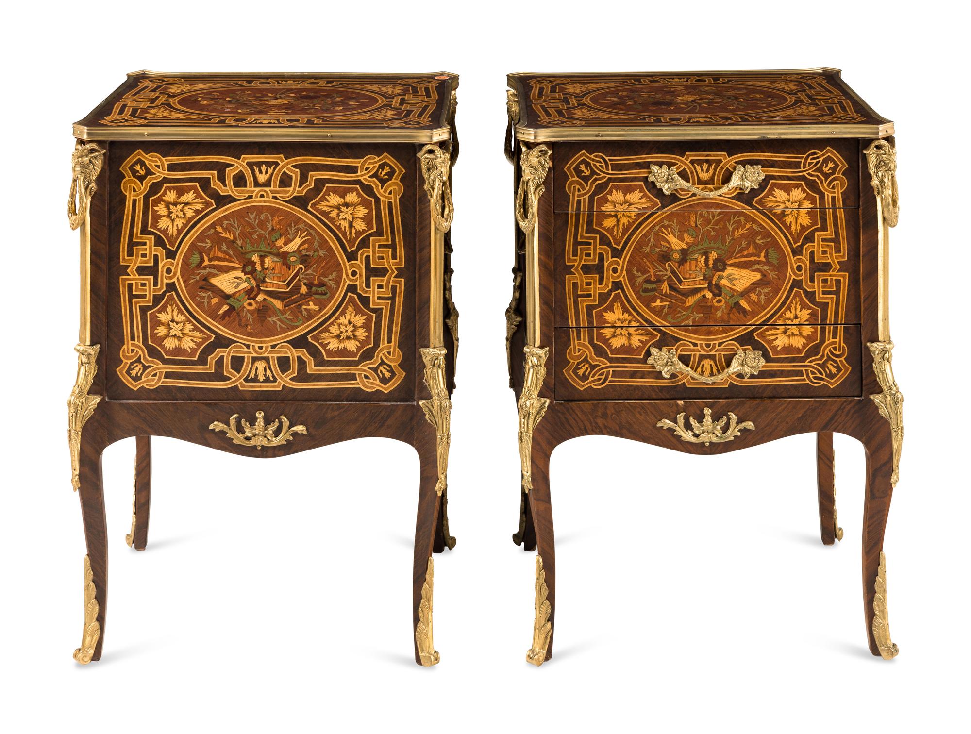 A Pair of Louis XV Style Gilt Bronze Mounted Marquetry Side Cabinets