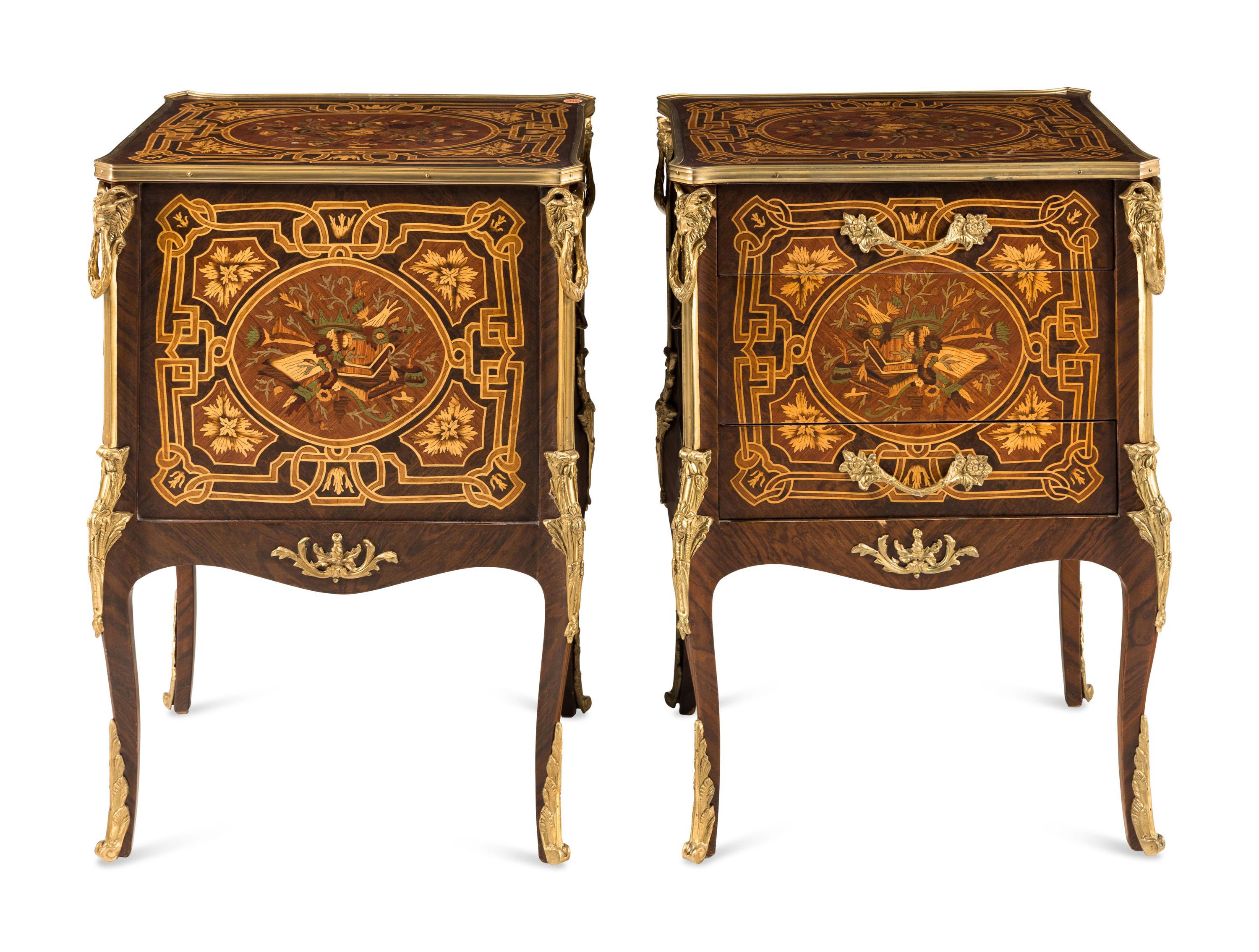 A Pair of Louis XV Style Gilt Bronze Mounted Marquetry Side Cabinets