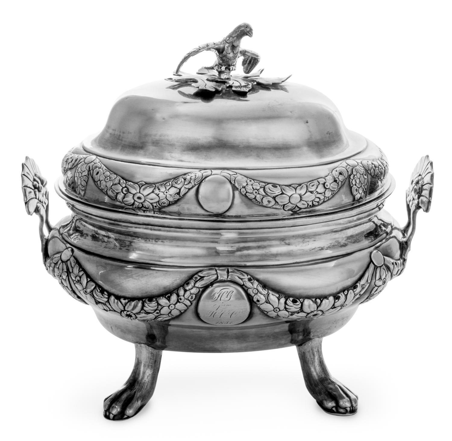 A Danish Silver Tureen, Maker's Mark PM, Copenhagen, Late 18th/Early 19th Century , having two floral decorated handles, the lid surmou