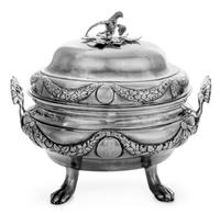 A Danish Silver Tureen, Maker's Mark PM, Copenhagen, Late 18th/Early 19th Century , having two floral decorated handles, the lid surmou