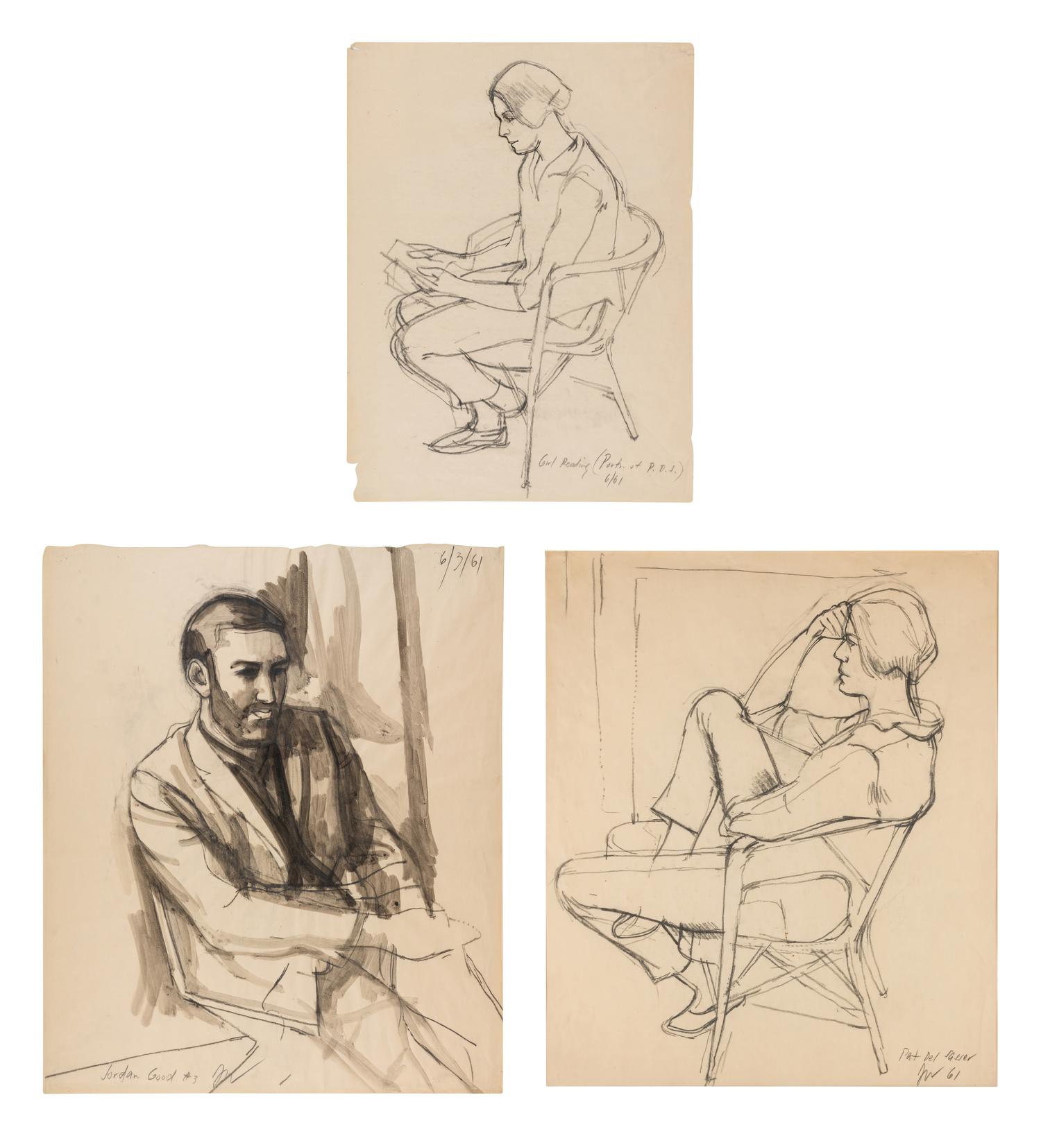 Girl Reading (Portrait of P. D. S.), 1961, Man Seated on a Folding Chair (Jordan Good #3), 1961, and Seated Woman Hand on Brow (Pat del Sasser), 1961 (a group of three works)