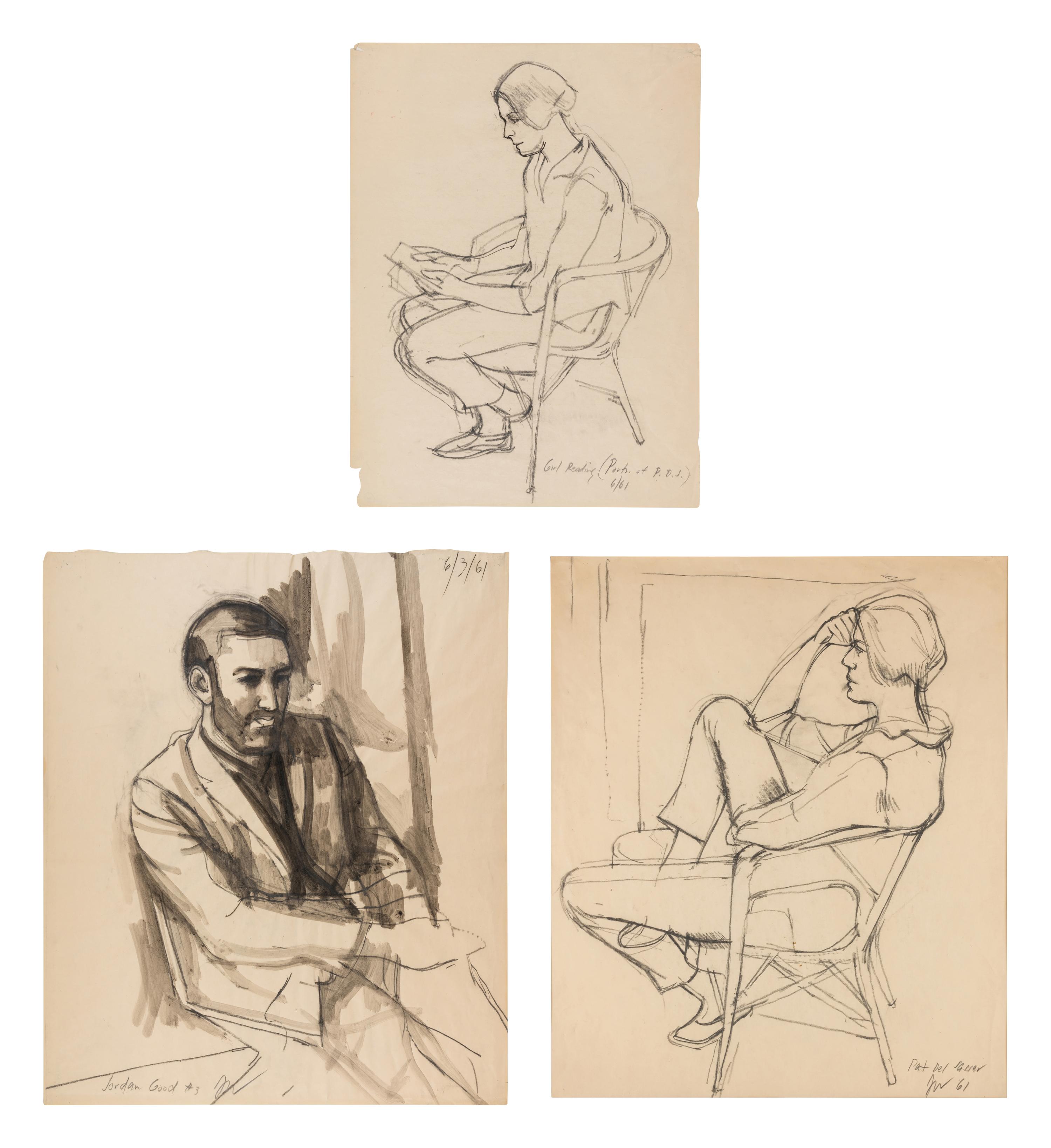 Girl Reading (Portrait of P. D. S.), 1961, Man Seated on a Folding Chair (Jordan Good #3), 1961, and Seated Woman Hand on Brow (Pat del Sasser), 1961 (a group of three works)