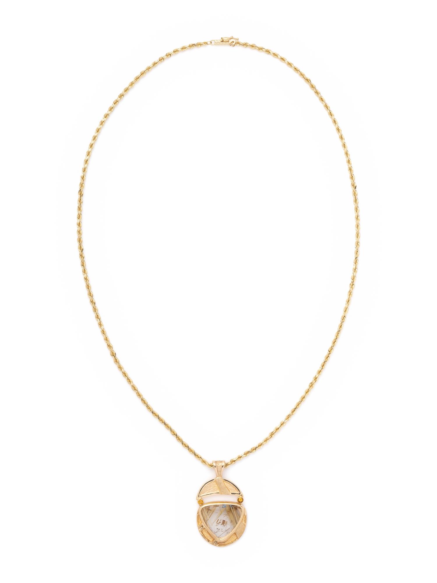 YELLOW GOLD AND RUTILATED QUARTZ PENDANT/NECKLACE