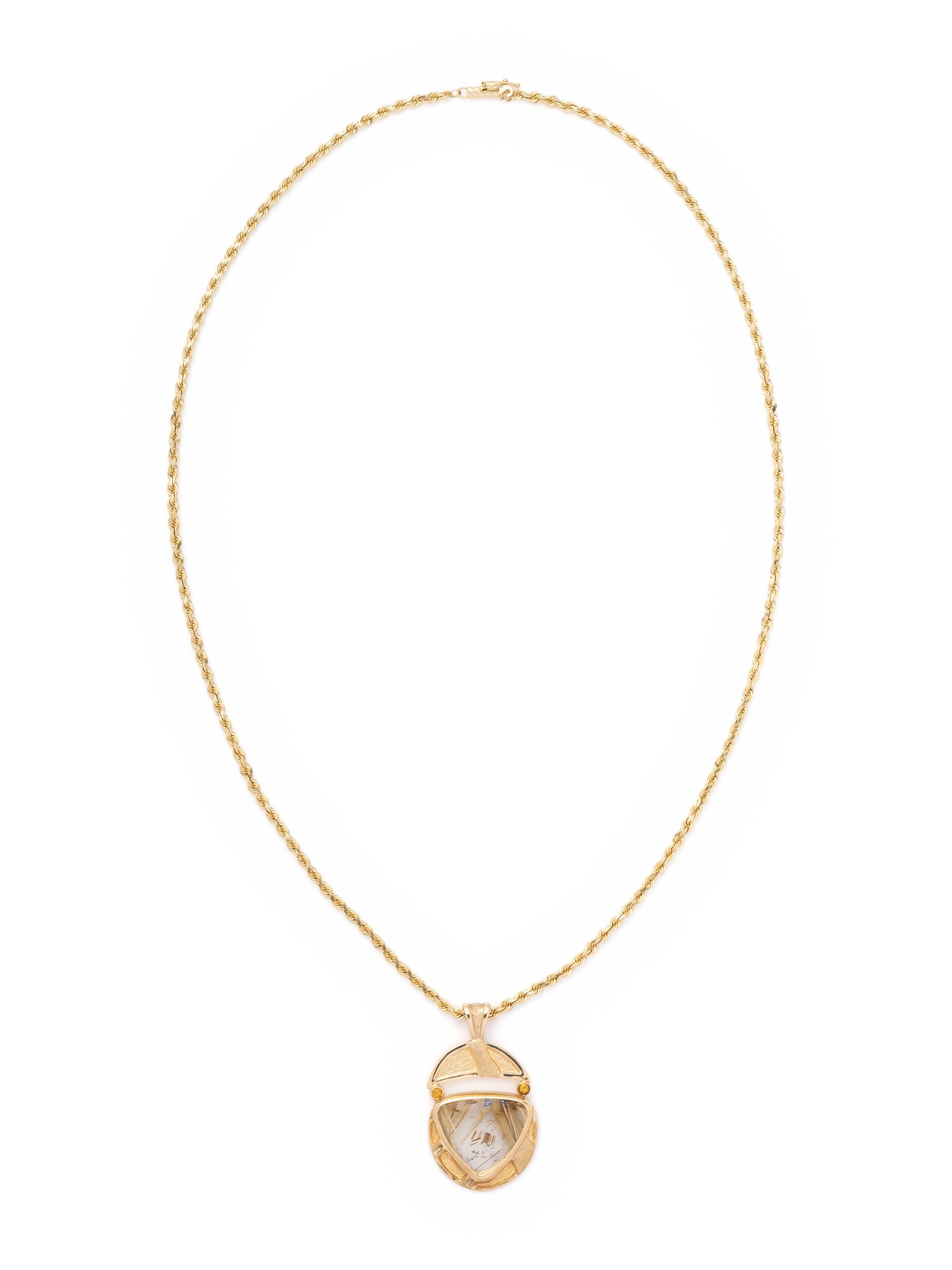 YELLOW GOLD AND RUTILATED QUARTZ PENDANT/NECKLACE
