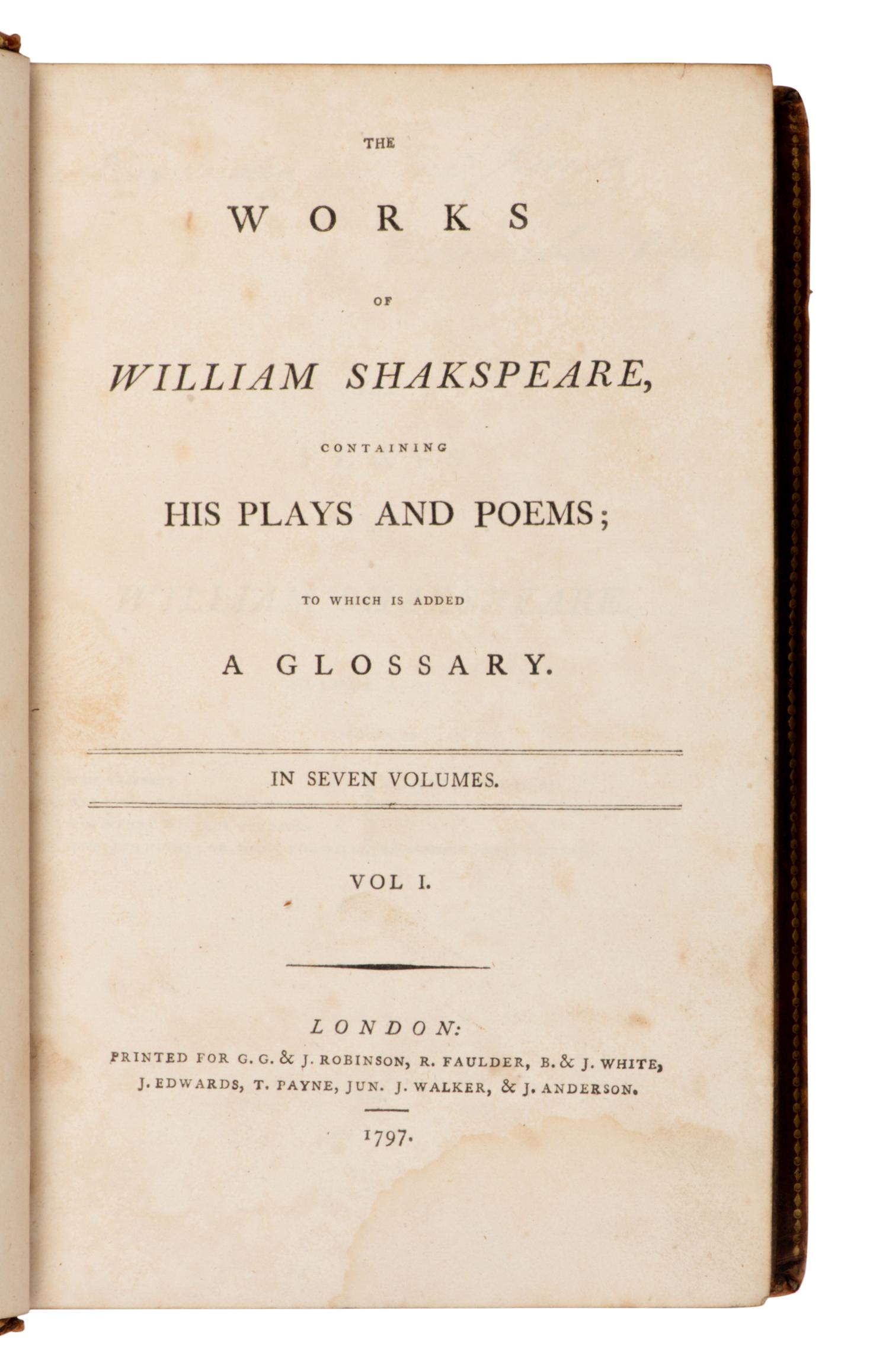 SHAKESPEARE, William (1564-1616). [ Prolegomena ...-] The Dramatick Writings of Will. Shakspere . London: for John Bell, 1786-1788.