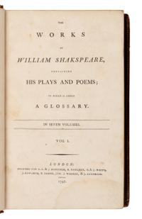 SHAKESPEARE, William (1564-1616). [ Prolegomena ...-] The Dramatick Writings of Will. Shakspere . London: for John Bell, 1786-1788.