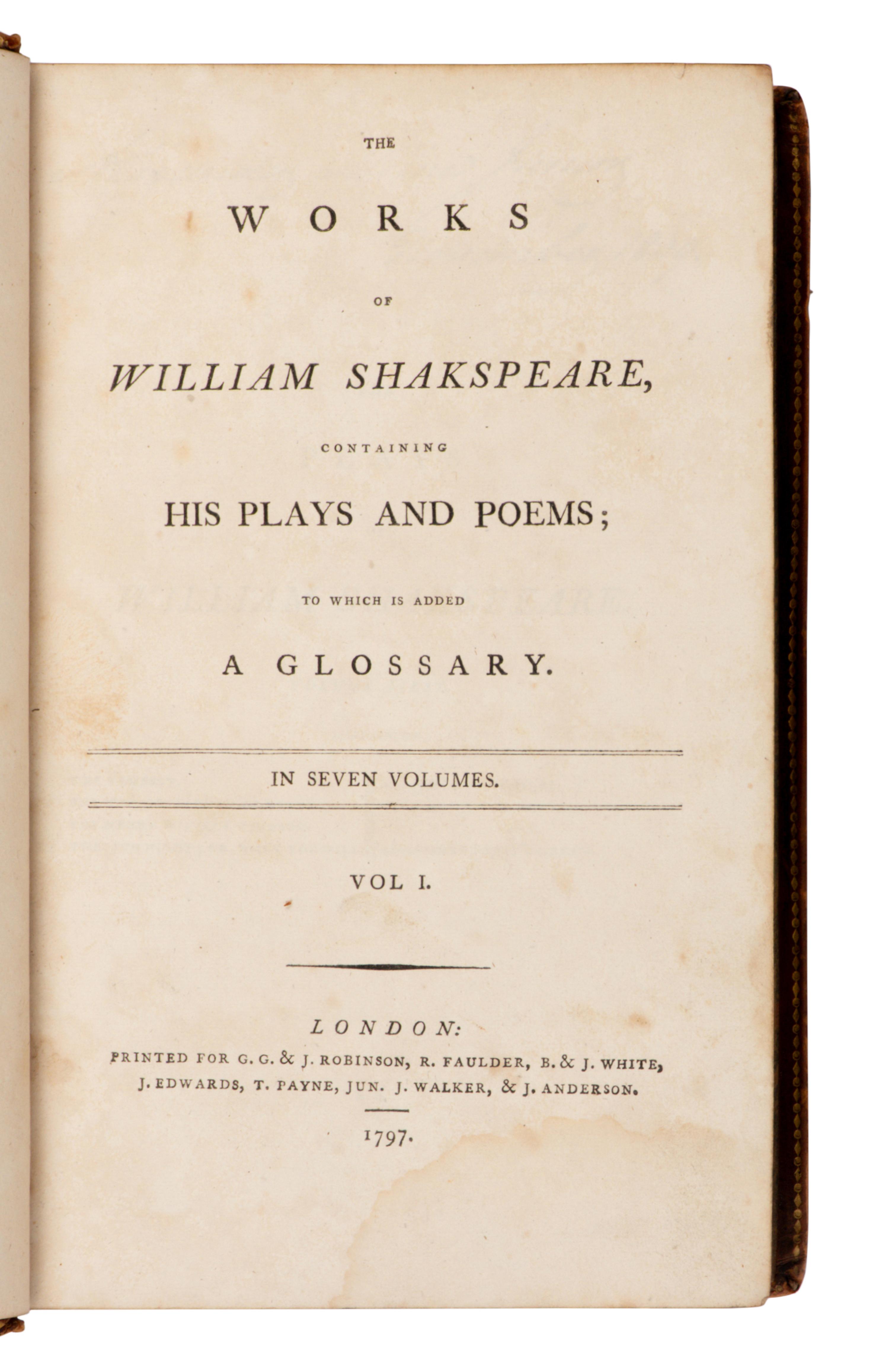 SHAKESPEARE, William (1564-1616). [ Prolegomena ...-] The Dramatick Writings of Will. Shakspere . London: for John Bell, 1786-1788.