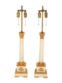 A Pair of Gilt Bronze Mounted White Marble Columnar Table Lamps