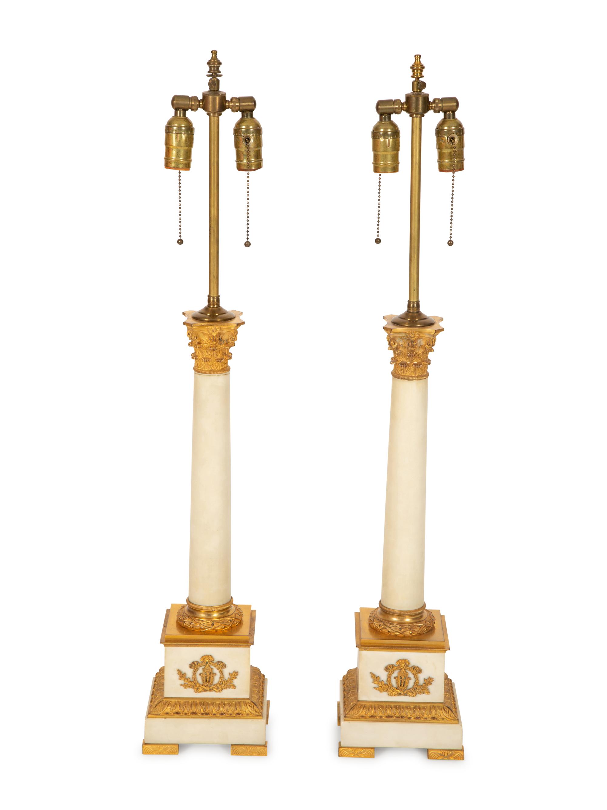 A Pair of Gilt Bronze Mounted White Marble Columnar Table Lamps