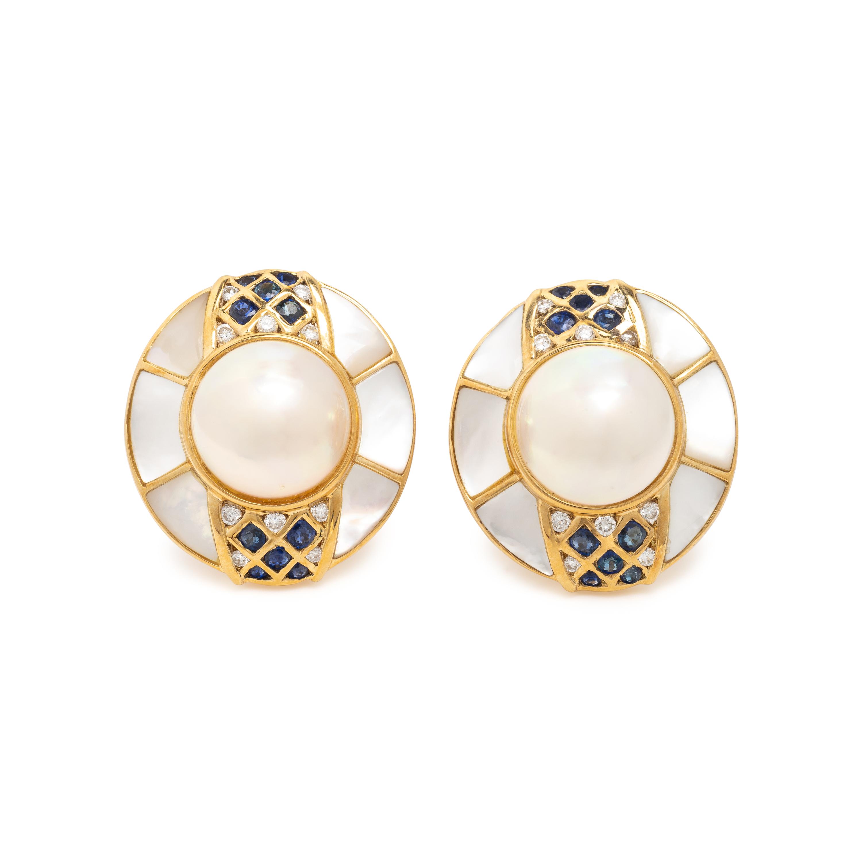 Asprey, Mabé Pearl, Mother-of-Pearl, Sapphire, Diamond, and Yellow Gold Earrings