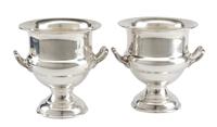 A Pair of English Silver-Plate Wine Coolers, John Seymour Ltd., 20th Century, each of twin-handled campagna form.