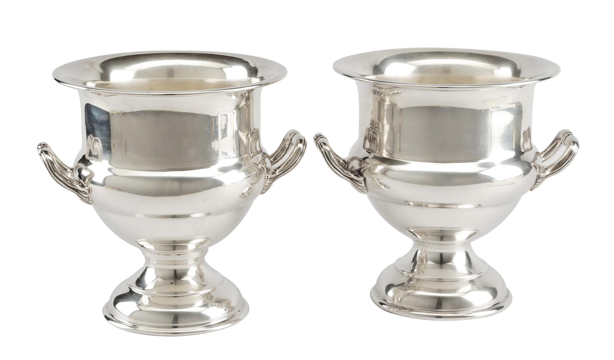A Pair of English Silver-Plate Wine Coolers, John Seymour Ltd., 20th Century, each of twin-handled campagna form.