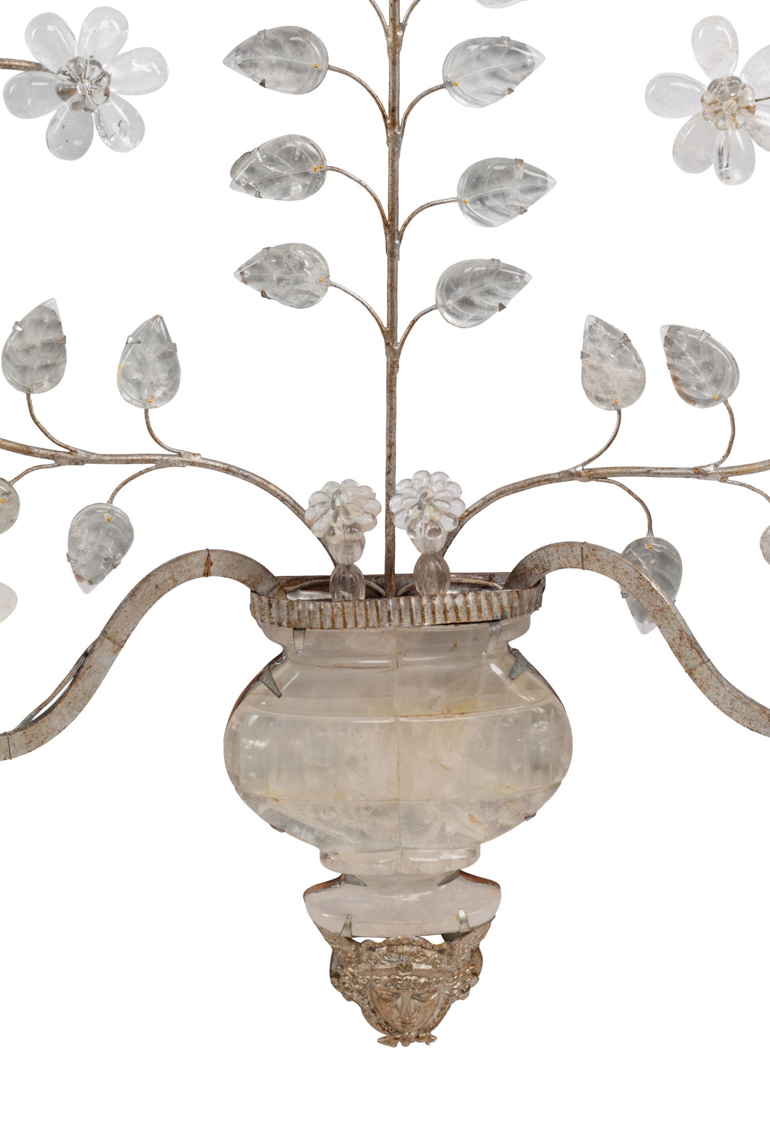 A Pair of Silvered Metal and Rock Crystal Two-Light Sconces in the Style of Maison Baguès