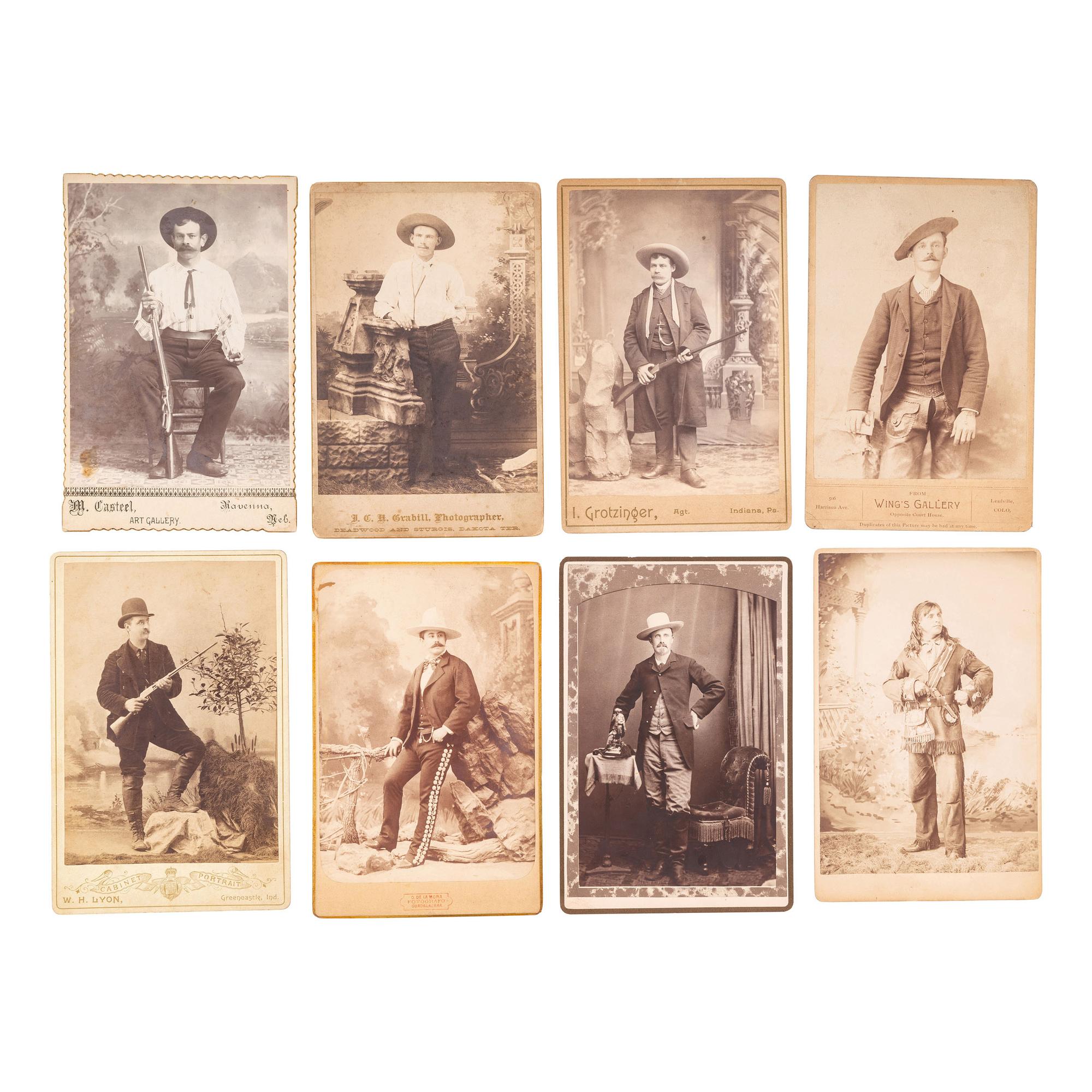 [WESTERN AMERICANA]. A group of 8 cabinet photographs of cowboys and other western personalities, some armed, comprising: