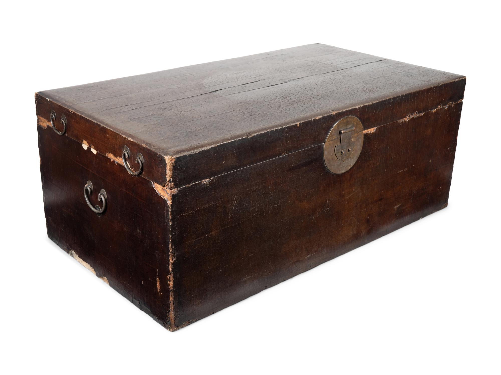 A Large Chinese Brown Leather Trunk