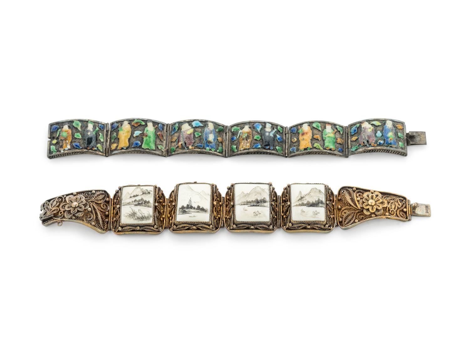 Two Chinese Inlaid and Enameled Metal Filigree Bracelets