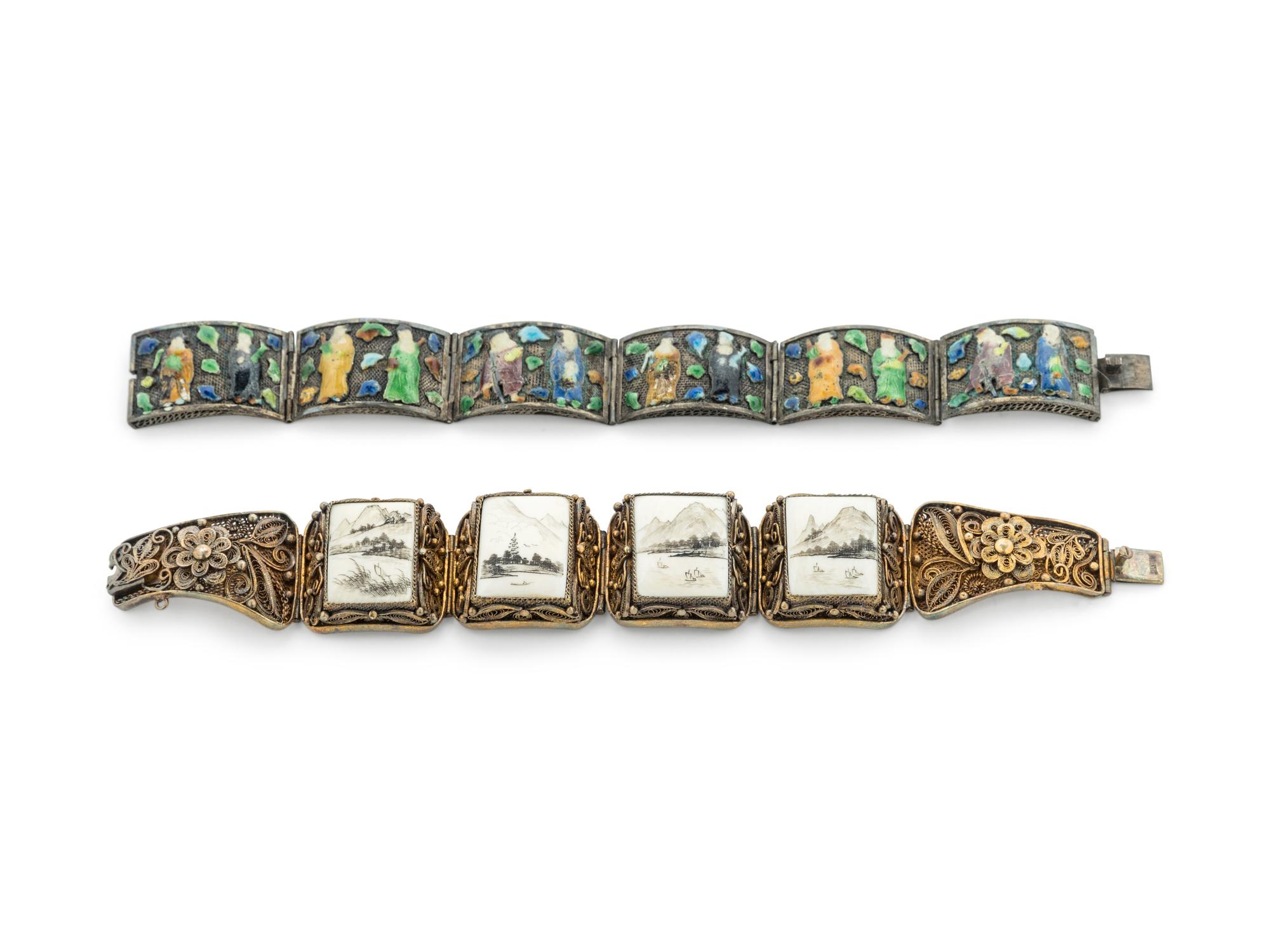 Two Chinese Inlaid and Enameled Metal Filigree Bracelets