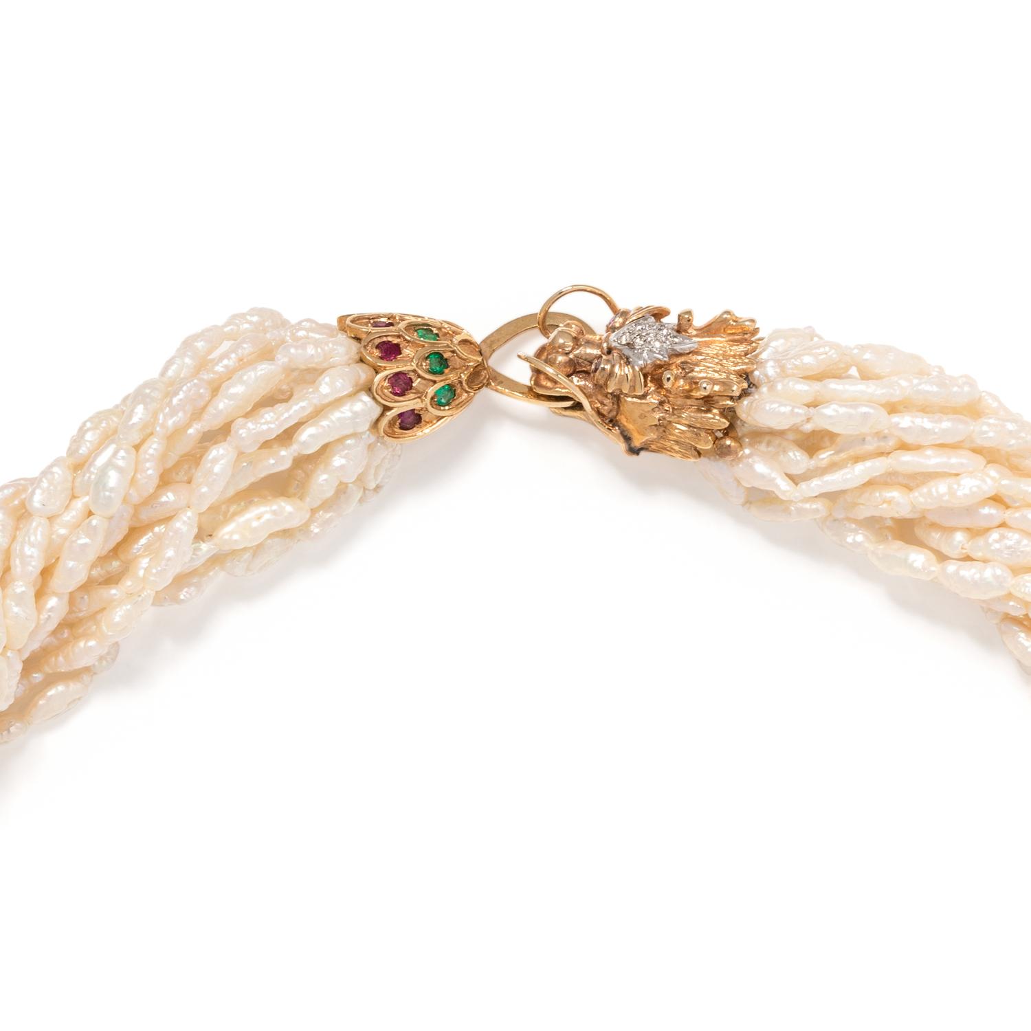 CULTURED PEARL, DIAMOND, RUBY AND EMERALD TORSADE NECKLACE