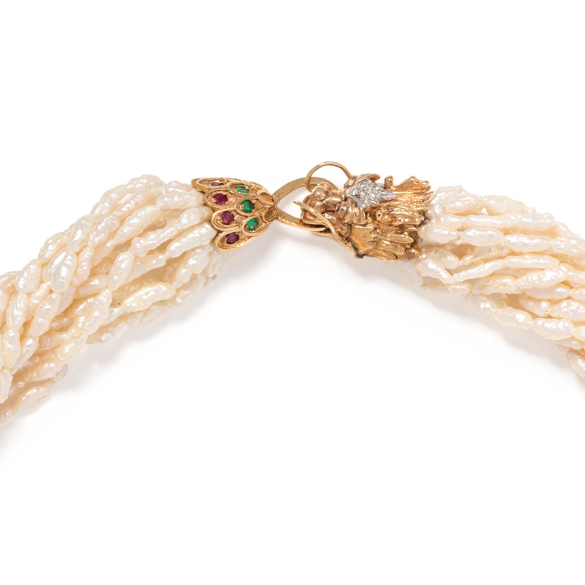 CULTURED PEARL, DIAMOND, RUBY AND EMERALD TORSADE NECKLACE