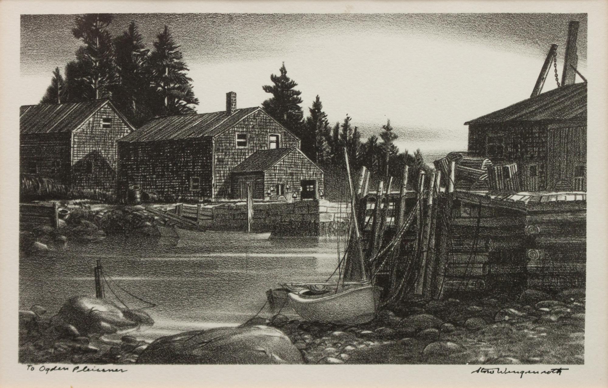 A group of six prints of Port Clyde, Maine ( Fog Bell; Corbett's Pond , 1965; Ebb Tide , 1944; Harbor at Port Clyde , 1939; Marshall's Point , 1939; Tower Door, Marshall Point Lighthouse , 1954)
