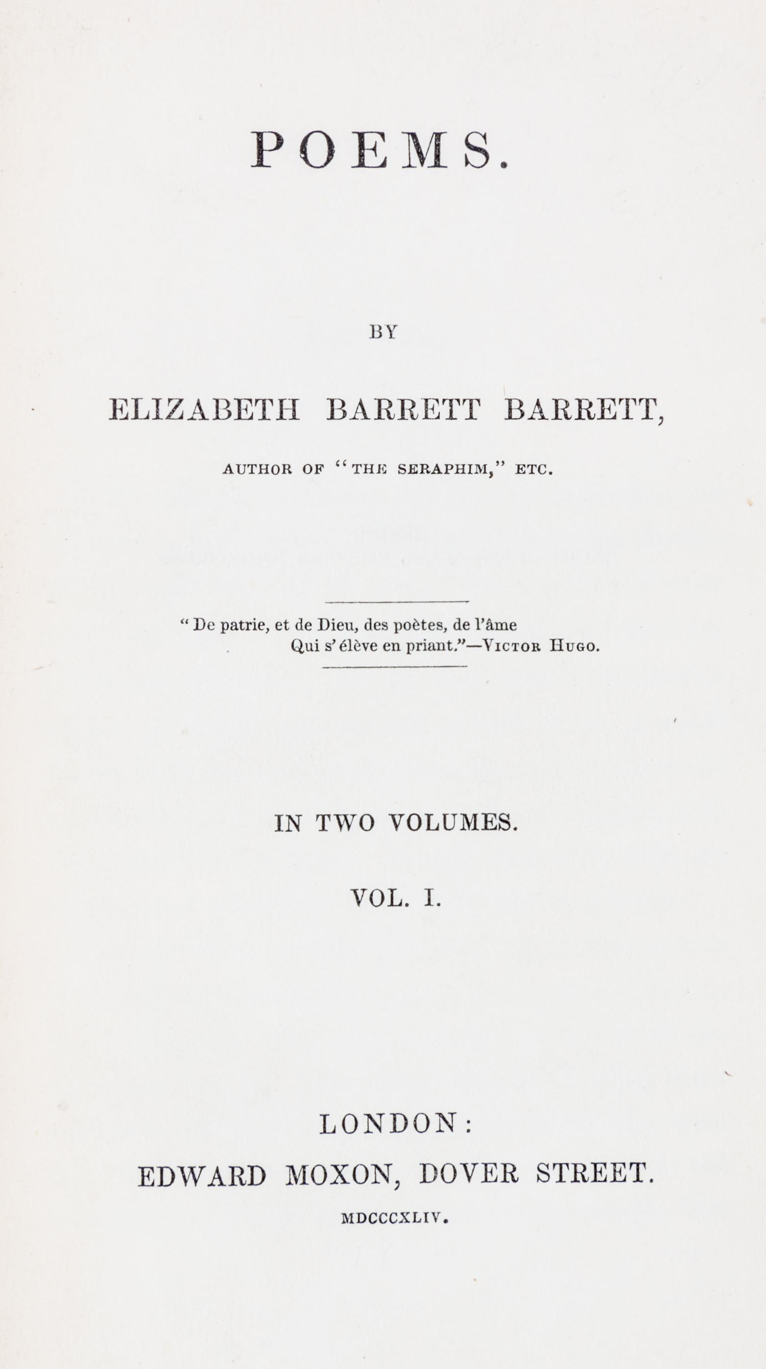 BROWNING, ELIZABETH BARRETT. Poems. London, 1845. 2 vols. First edition.