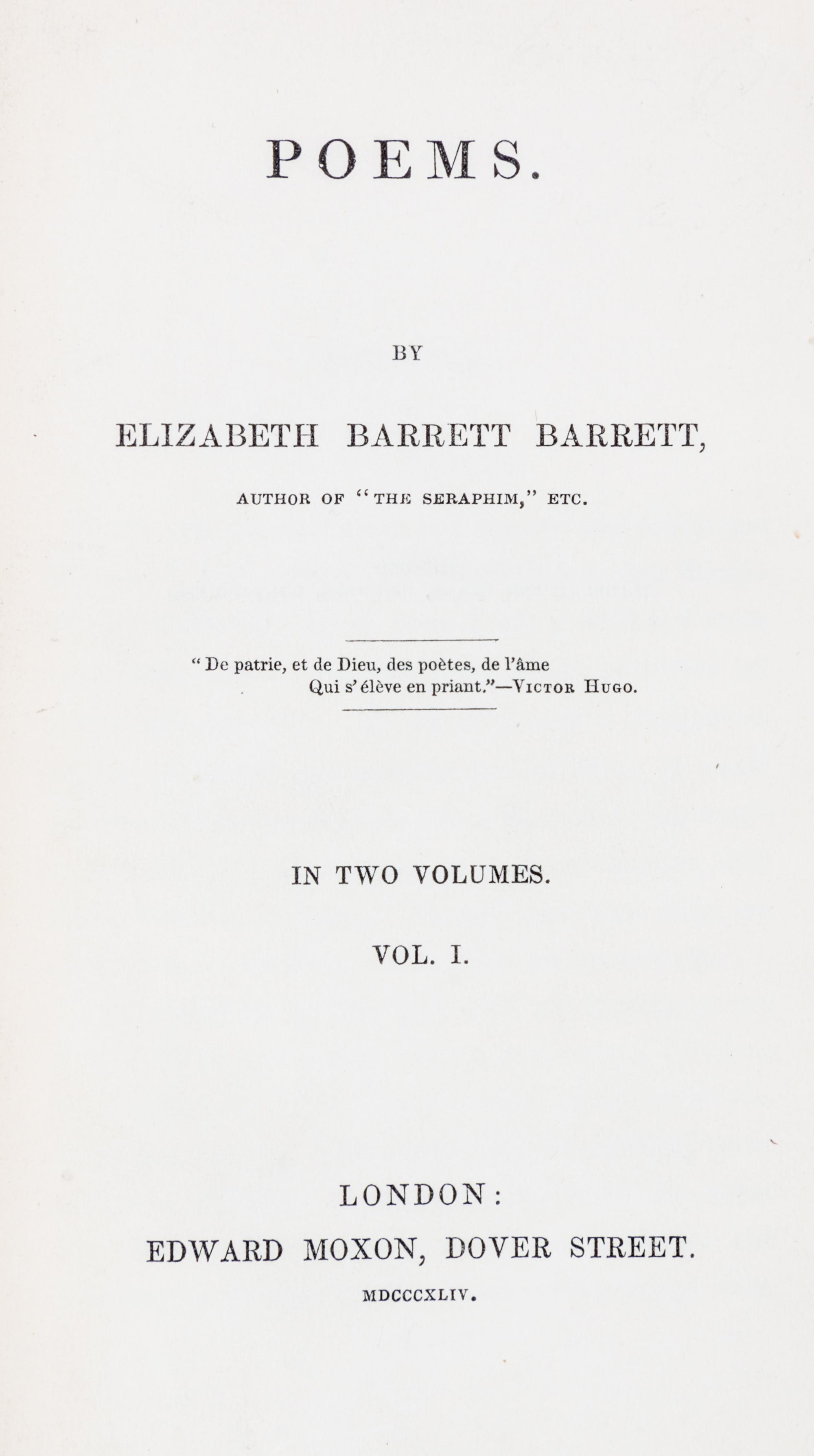 BROWNING, ELIZABETH BARRETT. Poems. London, 1845. 2 vols. First edition.