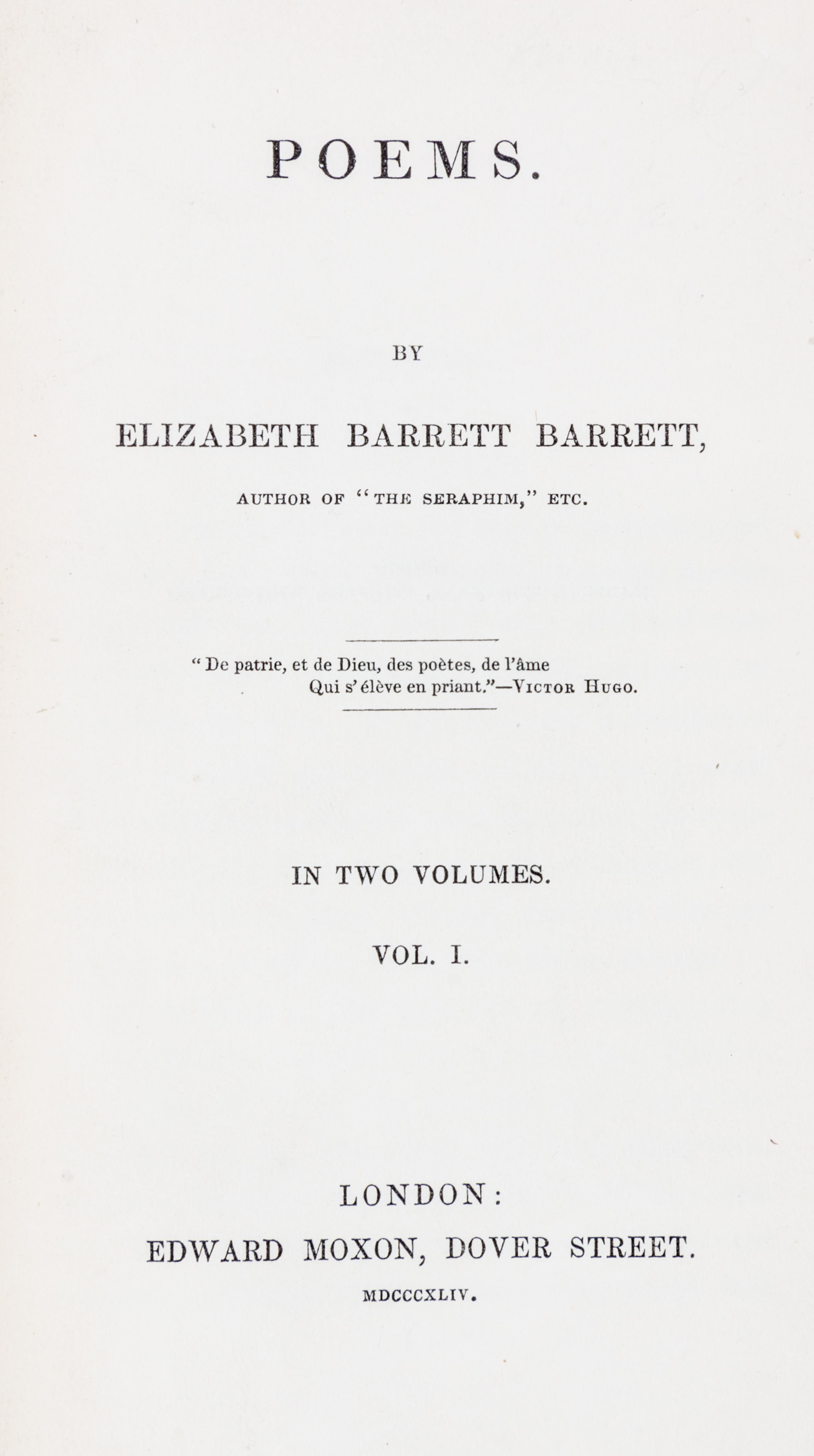 BROWNING, ELIZABETH BARRETT. Poems. London, 1845. 2 vols. First edition.