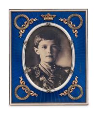 A Pair of Guilloché Enamel, 14k Vari-Color Gold, Diamond, and Cabochon-Mounted Picture Frames