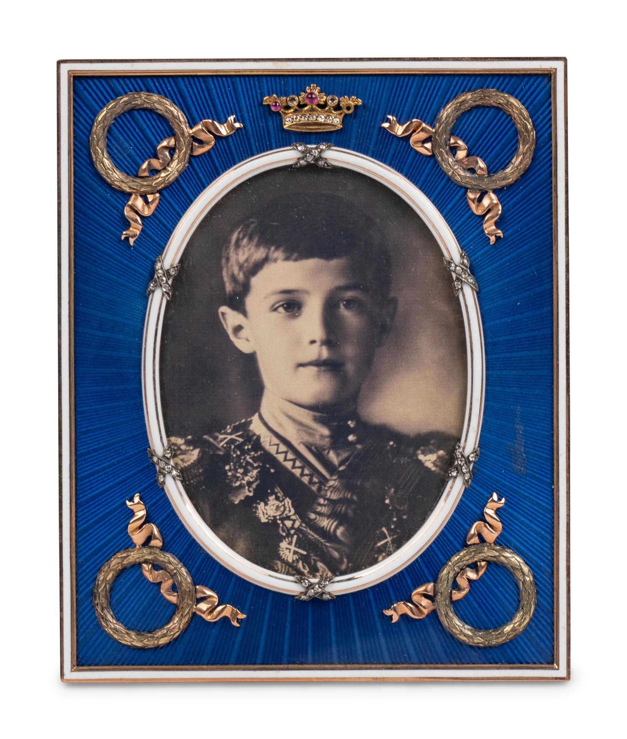 A Pair of Guilloché Enamel, 14k Vari-Color Gold, Diamond, and Cabochon-Mounted Picture Frames