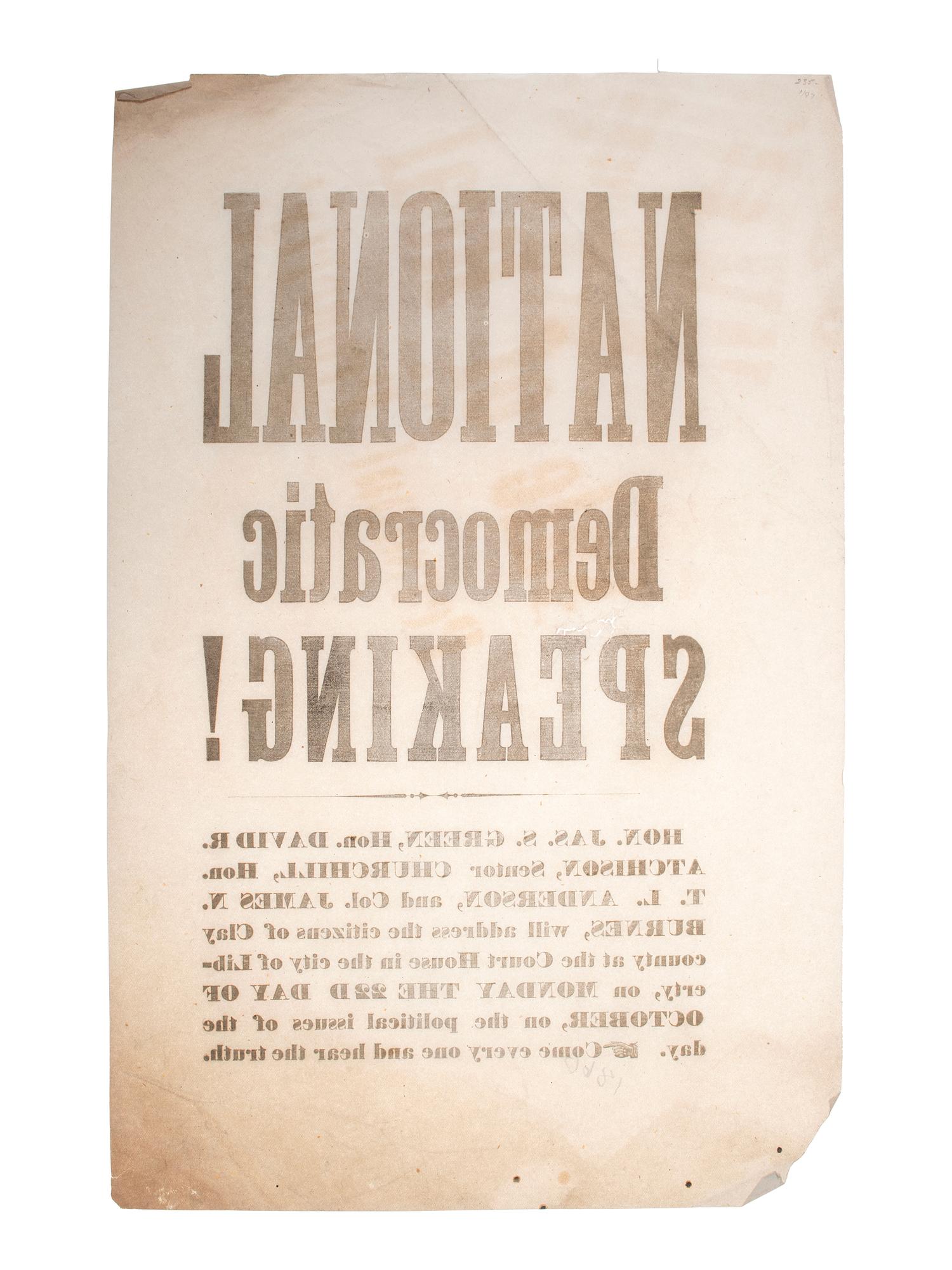 [BRECKINRIDGE, John C. (1821-1875)]. National Democratic Speaking! [Liberty, MO]: N.p., 1860.