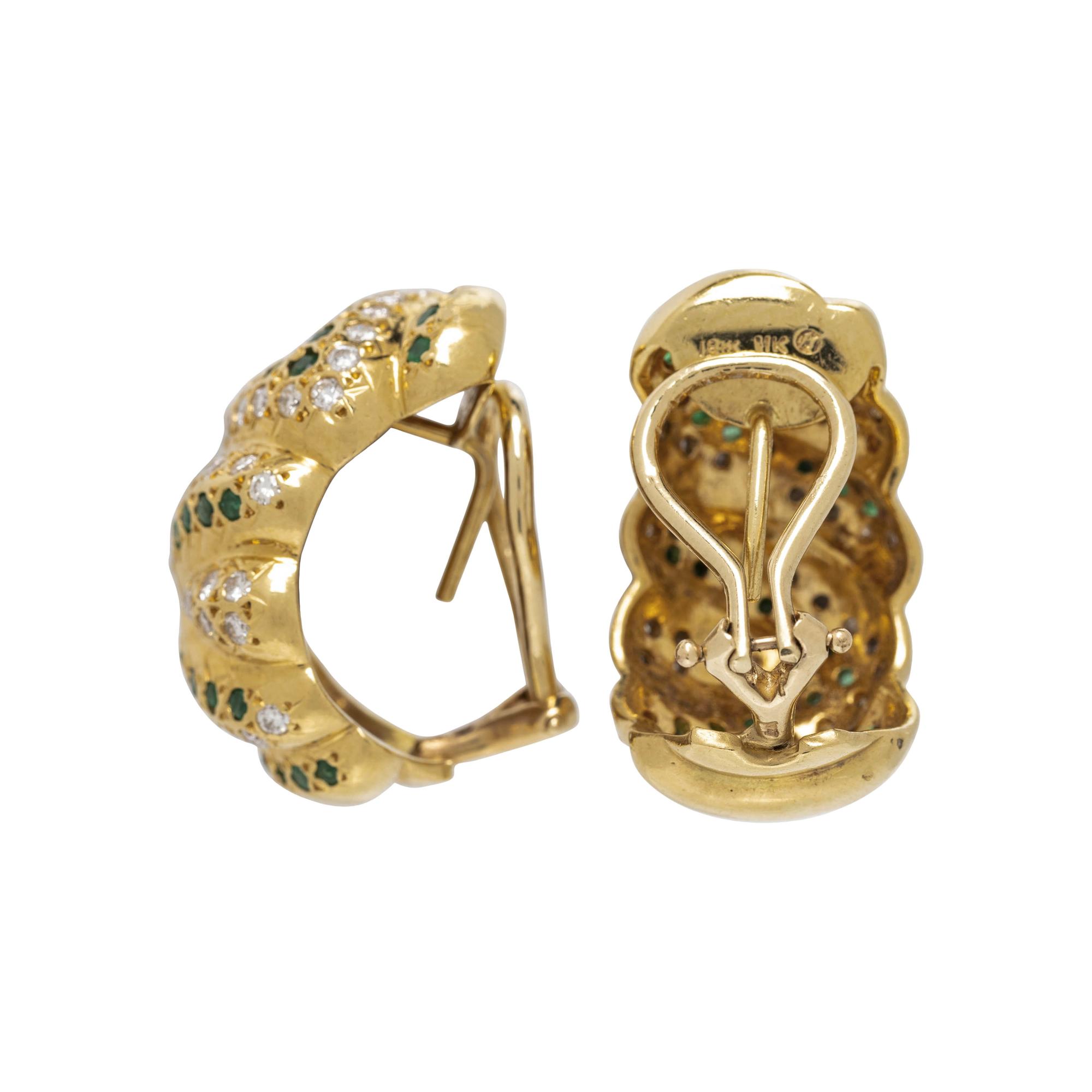 YELLOW GOLD, EMERALD AND DIAMOND EARCLIPS