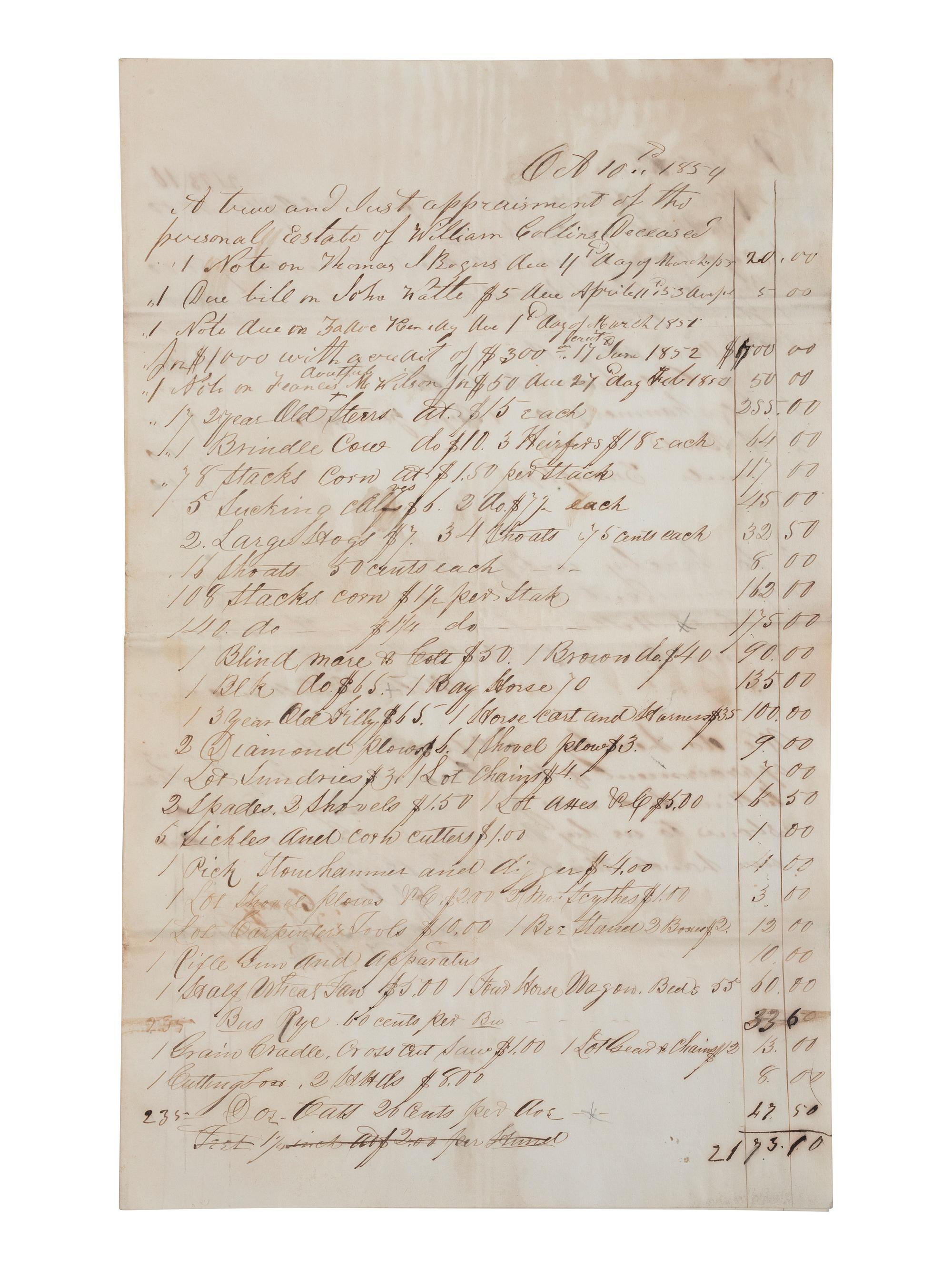 [ENSLAVEMENT & ABOLITION]. 2 estate documents listing enslaved persons, each with name and age included. Bourbon County, KY, 1833, 1854.
