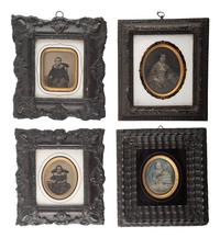 [EARLY PHOTOGRAPHY]. A group of 9 European portraits in wall frames, highlighted by attractive daguerreotypes of men, women, and children, including: