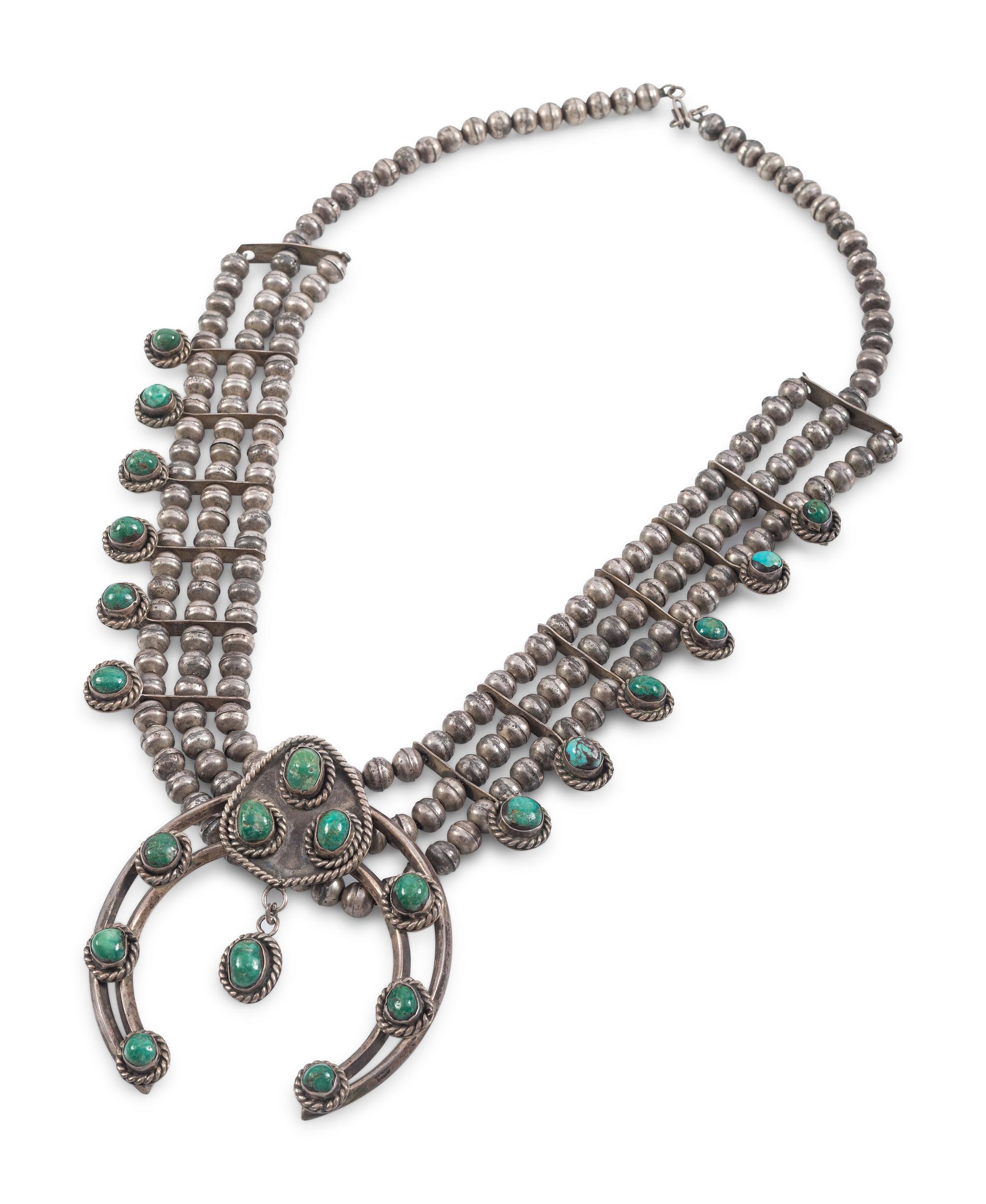 Navajo Silver and Turquoise Squash Blossom Necklace