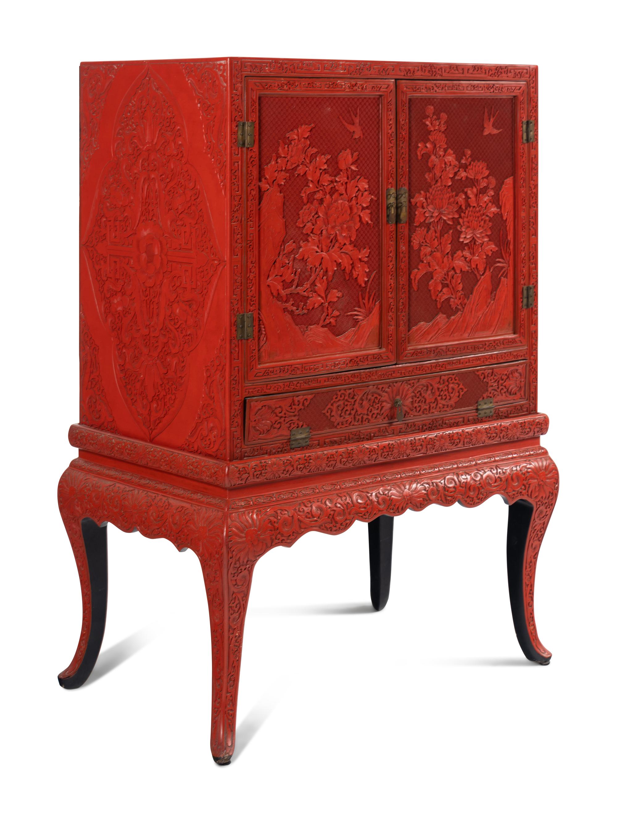 A Large Chinese Cinnabar Lacquer Chest on Stand