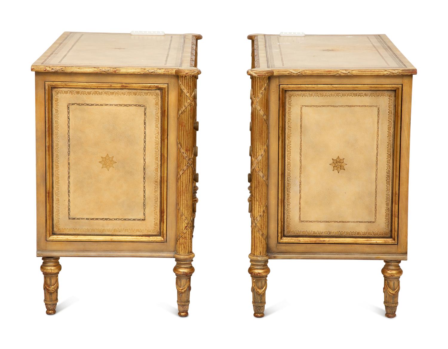 A Pair of Louis XVI Style Painted and Parcel Gilt Commodes — 20th Century