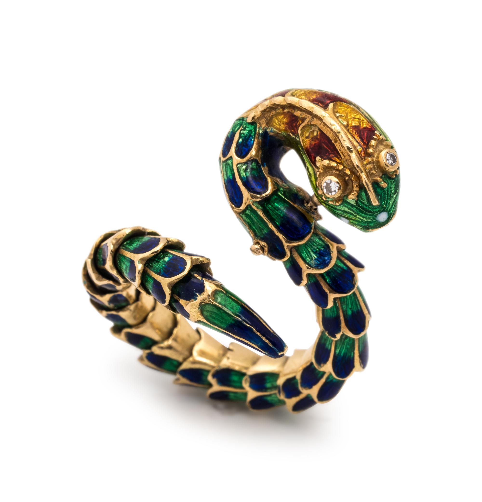 YELLOW GOLD AND POLYCHROME ENAMEL SNAKE RING