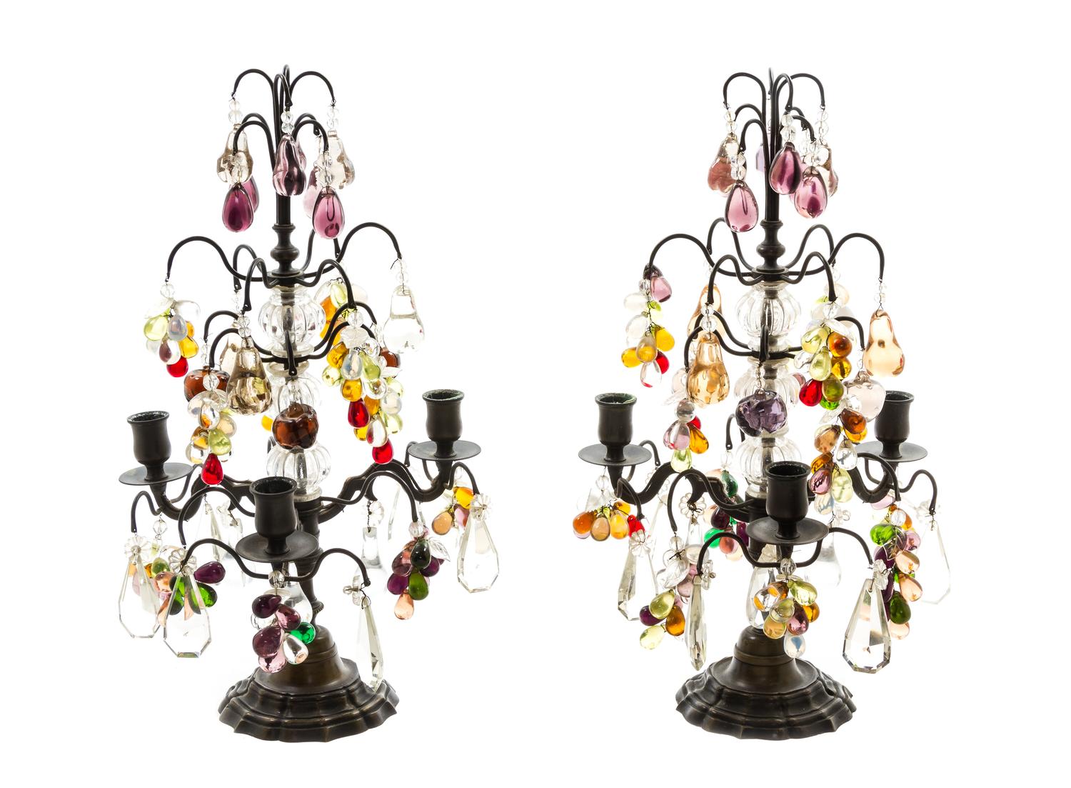 A Pair of Swedish Brass and Glass Three-Light Candelabra, Height 17 5/8 inches.