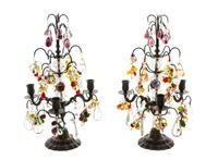 A Pair of Swedish Brass and Glass Three-Light Candelabra, Height 17 5/8 inches.