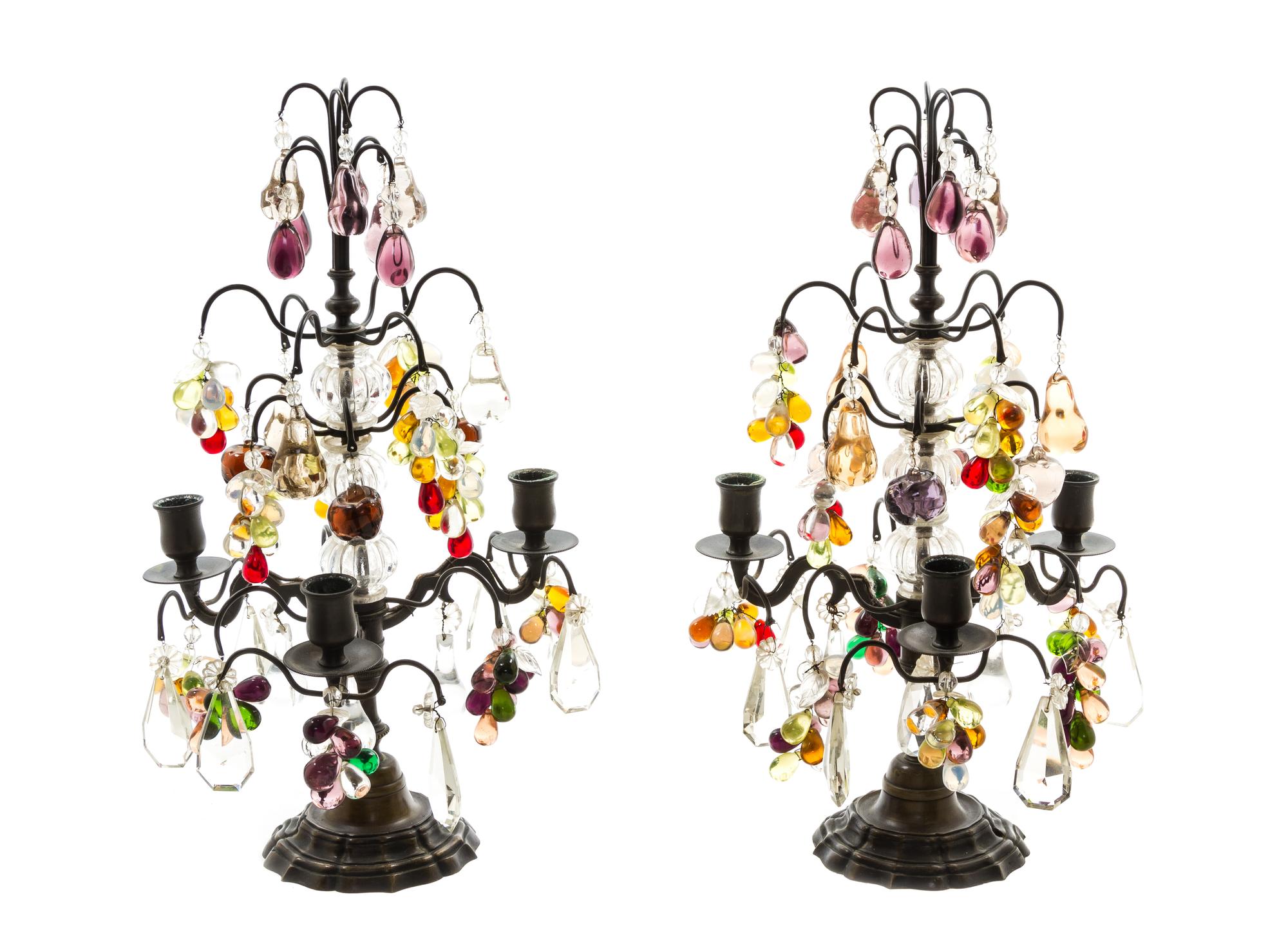 A Pair of Swedish Brass and Glass Three-Light Candelabra, Height 17 5/8 inches.