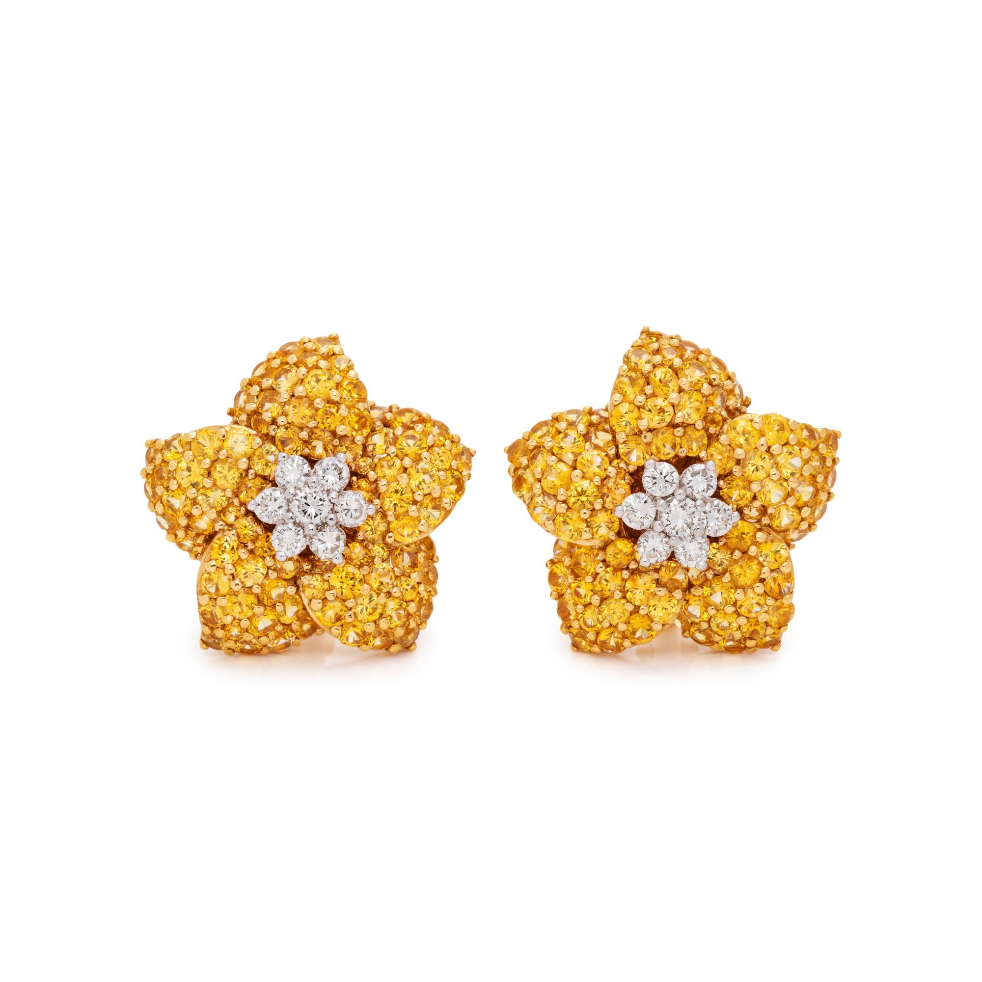 DIAMOND AND YELLOW SAPPHIRE FLOWER EARCLIPS