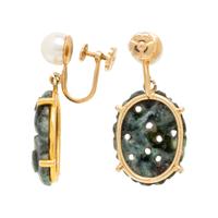 JADE, CULTURED PEARL, AND YELLOW GOLD EARRINGS AND BRACELET