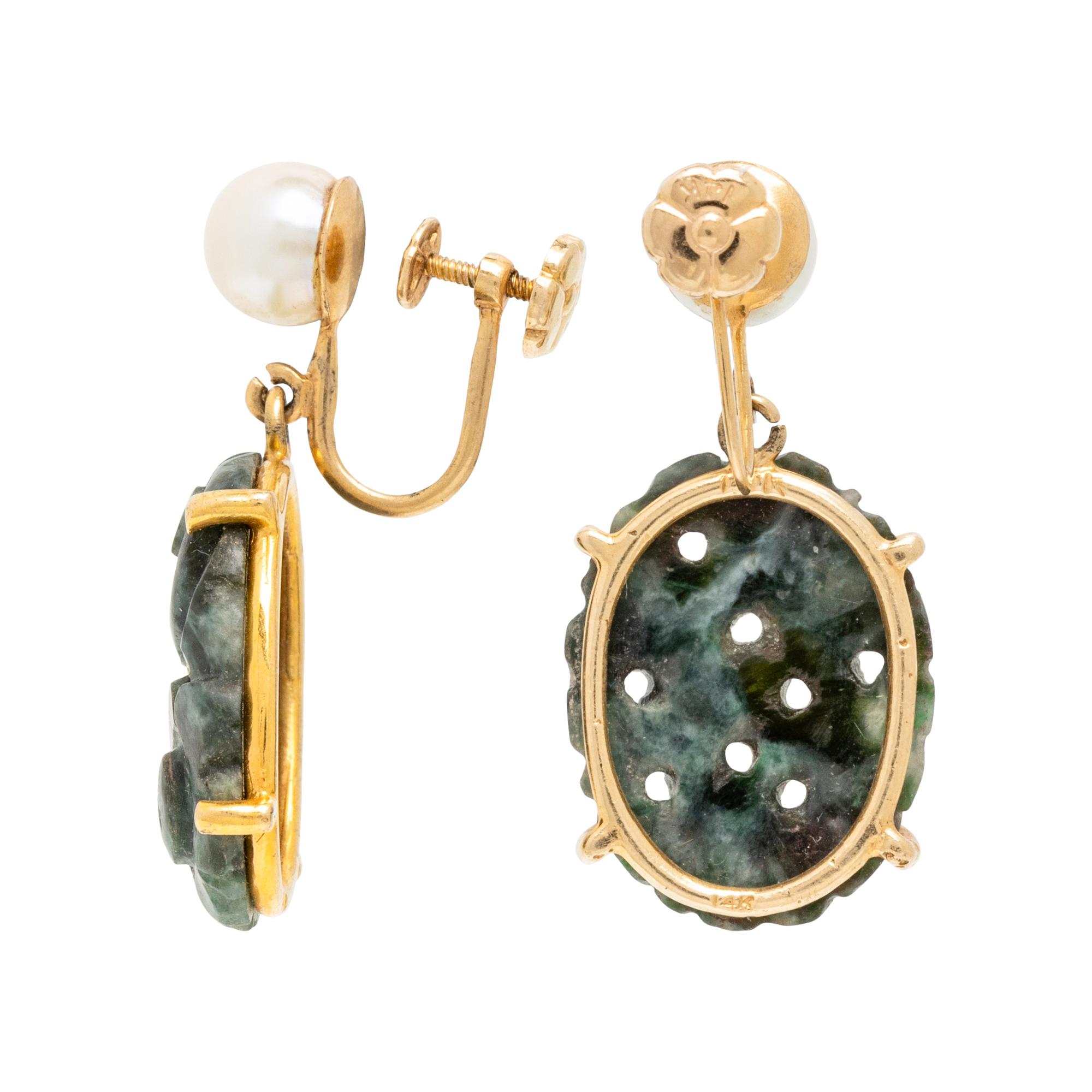 JADE, CULTURED PEARL, AND YELLOW GOLD EARRINGS AND BRACELET