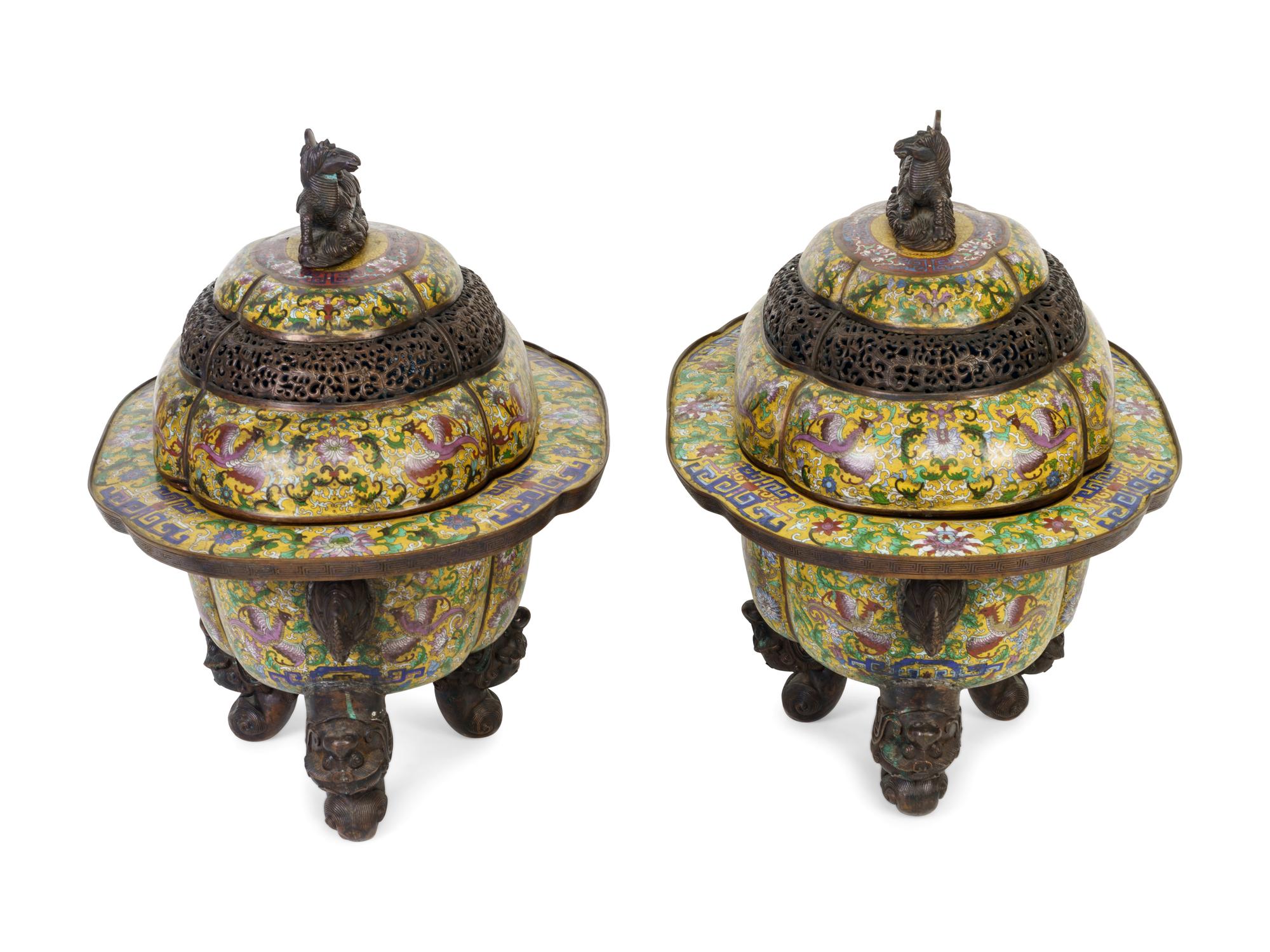 A Pair of Large Cloisonné Enamel Incense Burners