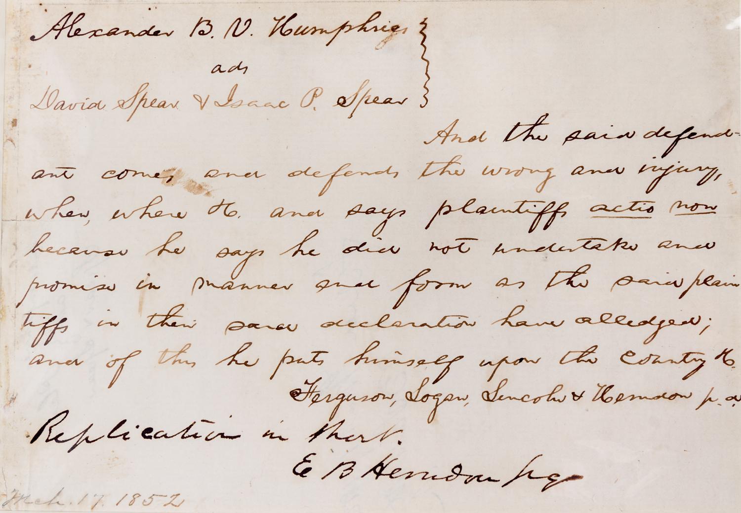 LINCOLN, ABRAHAM. Manuscript legal document, March 17, 1852.