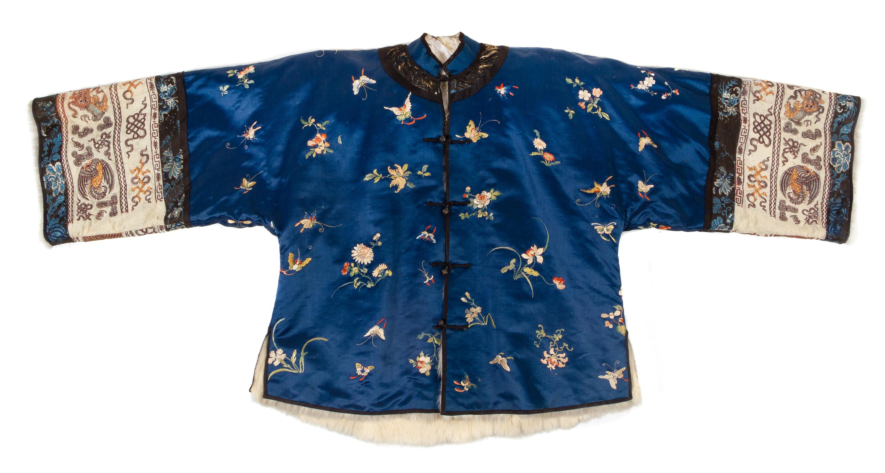An Embroidered Silk Blue Ground Lady's Winter Jacket Height collar to hem 27 inches. — 19TH CENTURY